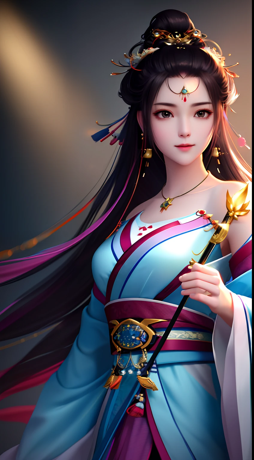 best quality, masterpiece, highres, 1girl,blush,(seductive smile:0.8),star-shaped pupils,china hanfu,hair ornament,necklace, jewelry,Beautiful face,upon_body, tyndall effect,photorealistic, dark studio, rim lighting, two tone lighting,(high detailed skin:1.2), 8k uhd, dslr, soft lighting, high quality, volumetric lighting, candid, Photograph, high resolution, 4k, 8k, Bokeh
