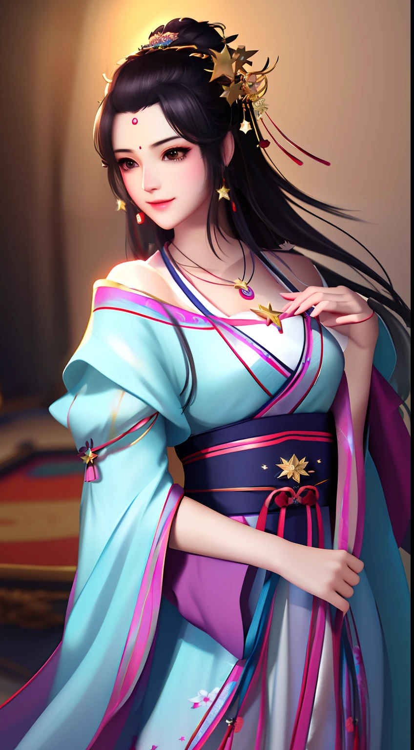 best quality, masterpiece, highres, 1girl,blush,(seductive smile:0.8),star-shaped pupils,china hanfu,hair ornament,necklace, jewelry,Beautiful face,upon_body, tyndall effect,photorealistic, dark studio, rim lighting, two tone lighting,(high detailed skin:1.2), 8k uhd, dslr, soft lighting, high quality, volumetric lighting, candid, Photograph, high resolution, 4k, 8k, Bokeh