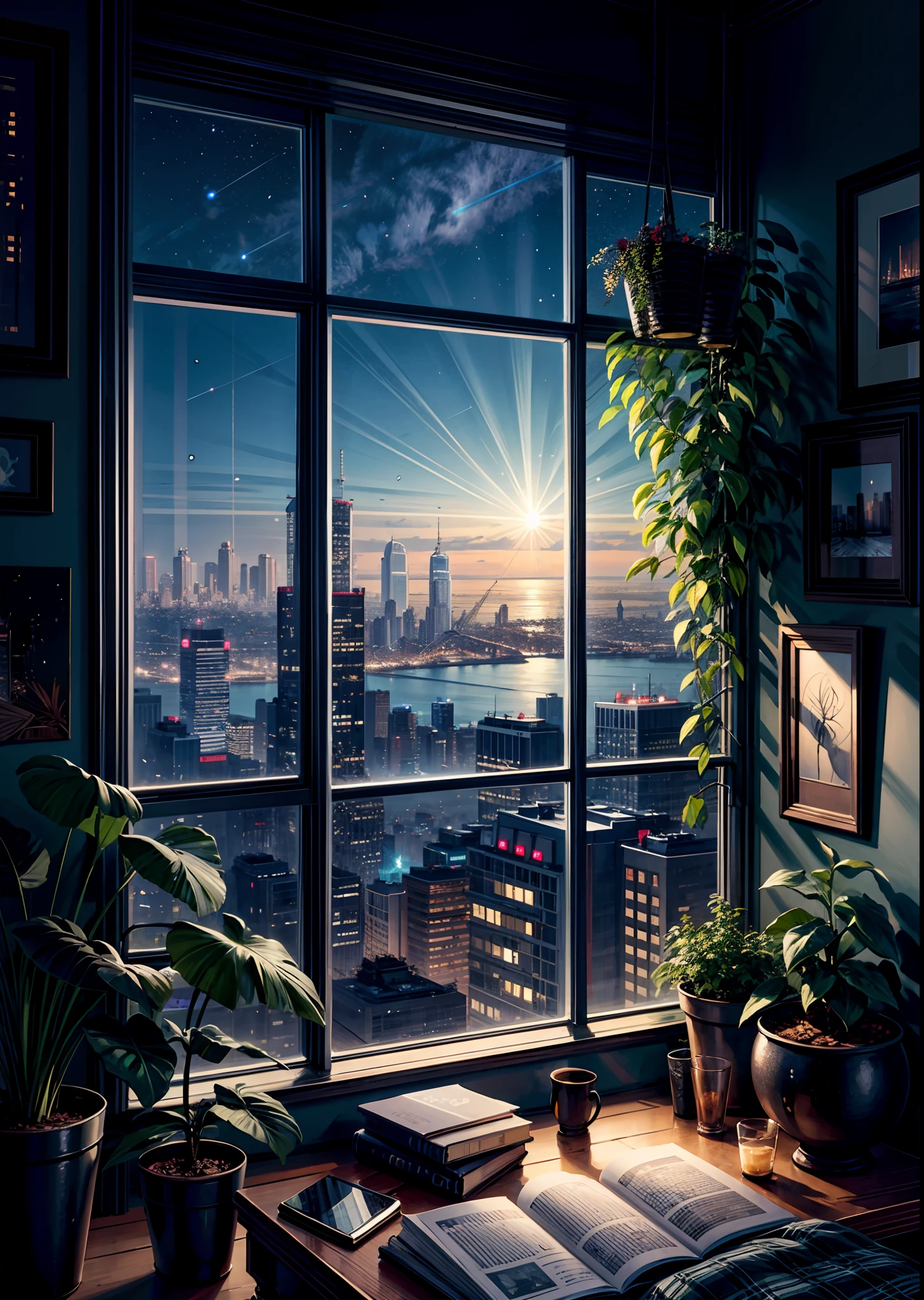 night city view from a window with plants and a book, window to night time, cityscape in the window, beautiful cityscape, night scenery, night cityscape, window ( city ), night time scene, beautiful and aesthetic, night city in the background, night - time city background, scenery wallpaper aesthetic, background art, city night, beautiful aesthetic art, city in the background