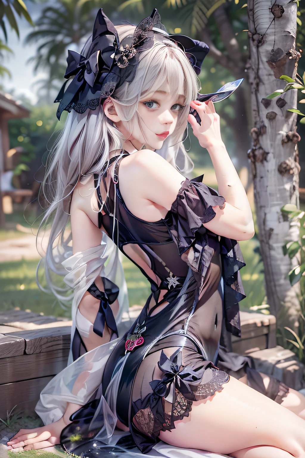 Girl in a goth loli swimsuit with summer pus、Playing with a sand nose、Black and white lace swimsuit，Lowleg swimwear、Hamachaya