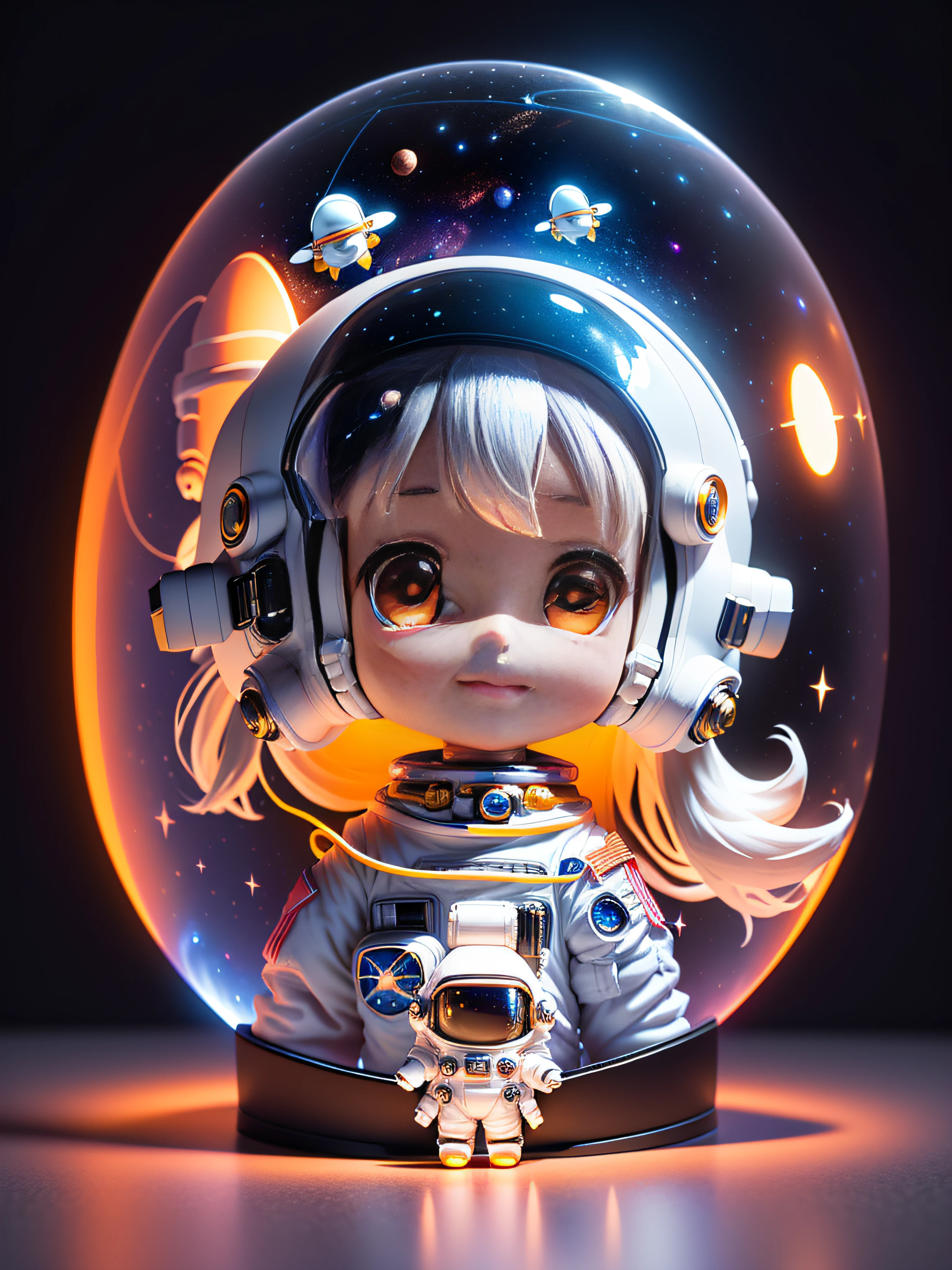 Super cute girl full body 3D picture, 1pc, good looking eyes, big eyes, cute, happy, c4d, pop matt blind box, white long hair, glowing bubbles, toys, solid color background, chibi, fluorescent translucency, luminous body, kawaii, doll, (((astronaut, spacesuit))), reference table, pop mart blind box, Pixar, complex details, 3d rendering, blender, OC renderer, fol body reference sheet, Dribble, High Details, 8K, Studio Lighting, Loli, Petite, Child, Chibi, SD characters: 1.1, Magic Space Warehouse background