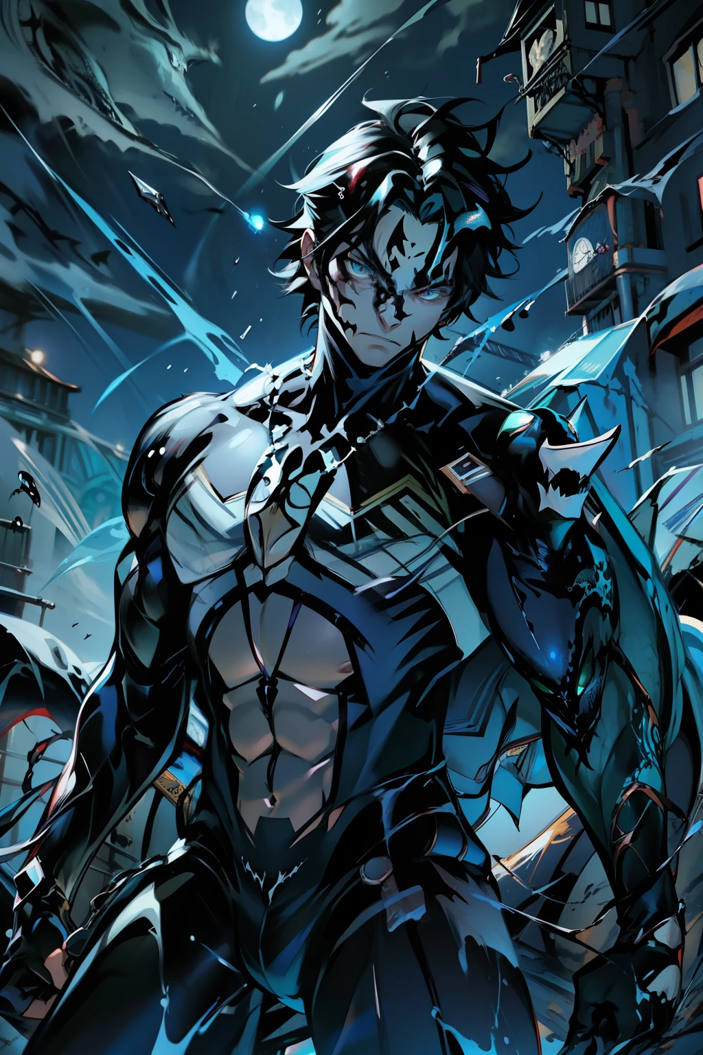 《the original god》Arataki Kazuto , male people, chest muscle, Sexy , Venom symbiote for your body, Black mucus of the body , into venom, venomize,Black bodysuit,(Cloak),Red cape,Abs,(Adult male)((Venom possession,venom symbiote)),over-Tortoise Man,Battle damage,((Masterpiece)), ((Best quality)), Ultra detailed,((illustration)), Dynamic Angle, Detailed light, (Delicate eyes), Floating, 1boy, Male focus, Head, Clothing, Yellow eyes, necklace, tattoo, (Forehead:0.8), (ahoge:0.8), jewelry, brunette color hair,apathy,Ray, chest muscle, Sexy , Venom symbiote for your body, Black mucus of the body , (into venom), Venom,frontage,Bust photo,White tight-fitting top,spiderman outfit,style of anime4 K, 4K anime wallpaper, Badass anime 8 K, 4 k comic wallpaper, young anime man, Anime boys, Anime wallpapers 4 k, Anime wallpaper 4K, High quality anime art style, Anime moe art style, Anime art wallpaper 8 K, Anime art wallpaper 4 K, RGB lighting,