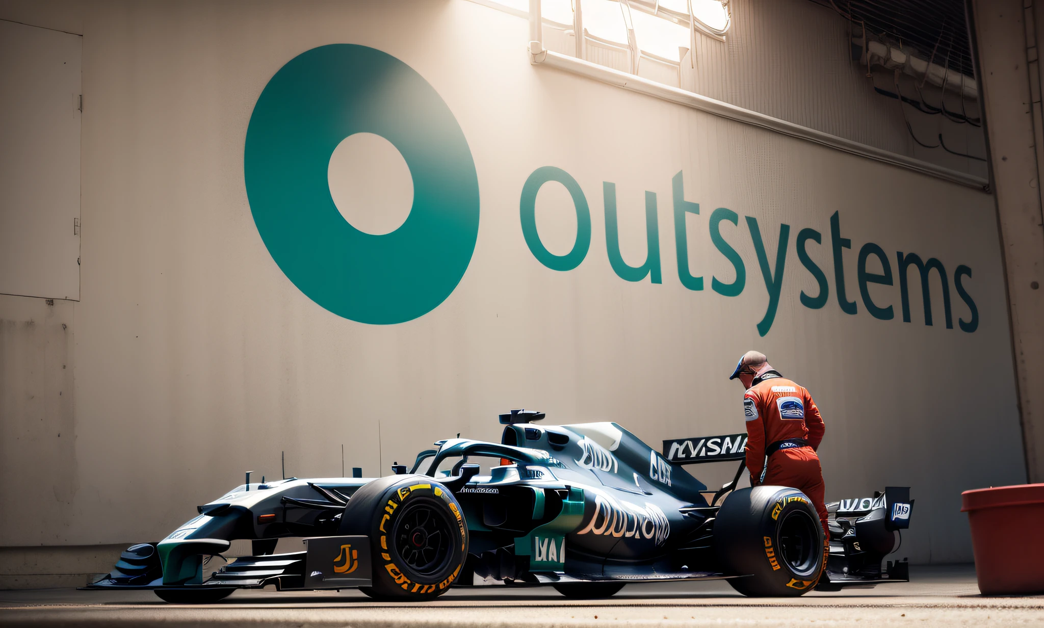 [inside warehouse], [paddock], [several mechanics are working on the car inside the paddock], [the logo and the word outsystems are not to be changed, they are to be kept], [the logo is also on the car paint]