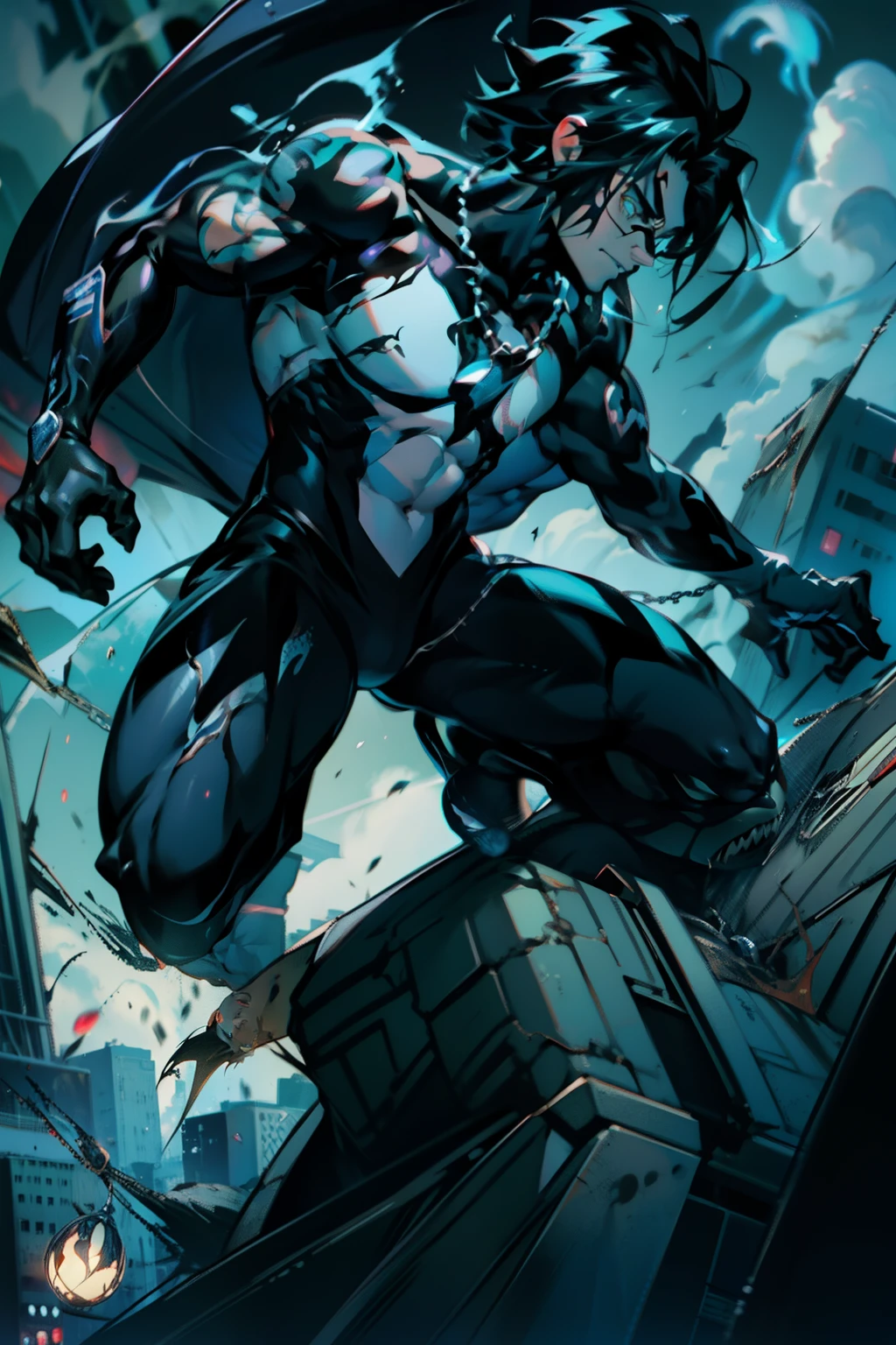 《the original god》Arataki Kazuto , male people, chest muscle, Sexy , Venom symbiote for your body, Black mucus of the body , into venom, venomize,Black bodysuit,(Cloak),Red cape,Abs,(Adult male)((Venom possession,venom symbiote)),over-Tortoise Man,Battle damage,((Masterpiece)), ((Best quality)), Ultra detailed,((illustration)), Dynamic Angle, Detailed light, (Delicate eyes), Floating, 1boy, Male focus, Head, Clothing, Yellow eyes, necklace, tattoo, (Forehead:0.8), (ahoge:0.8), jewelry, brunette color hair,apathy,Ray, chest muscle, Sexy , Venom symbiote for your body, Black mucus of the body , (into venom), Venom,frontage,Bust photo,White tight-fitting top,spiderman outfit,style of anime4 K, 4K anime wallpaper, Badass anime 8 K, 4 k comic wallpaper, young anime man, Anime boys, Anime wallpapers 4 k, Anime wallpaper 4K, High quality anime art style, Anime moe art style, Anime art wallpaper 8 K, Anime art wallpaper 4 K, RGB lighting,