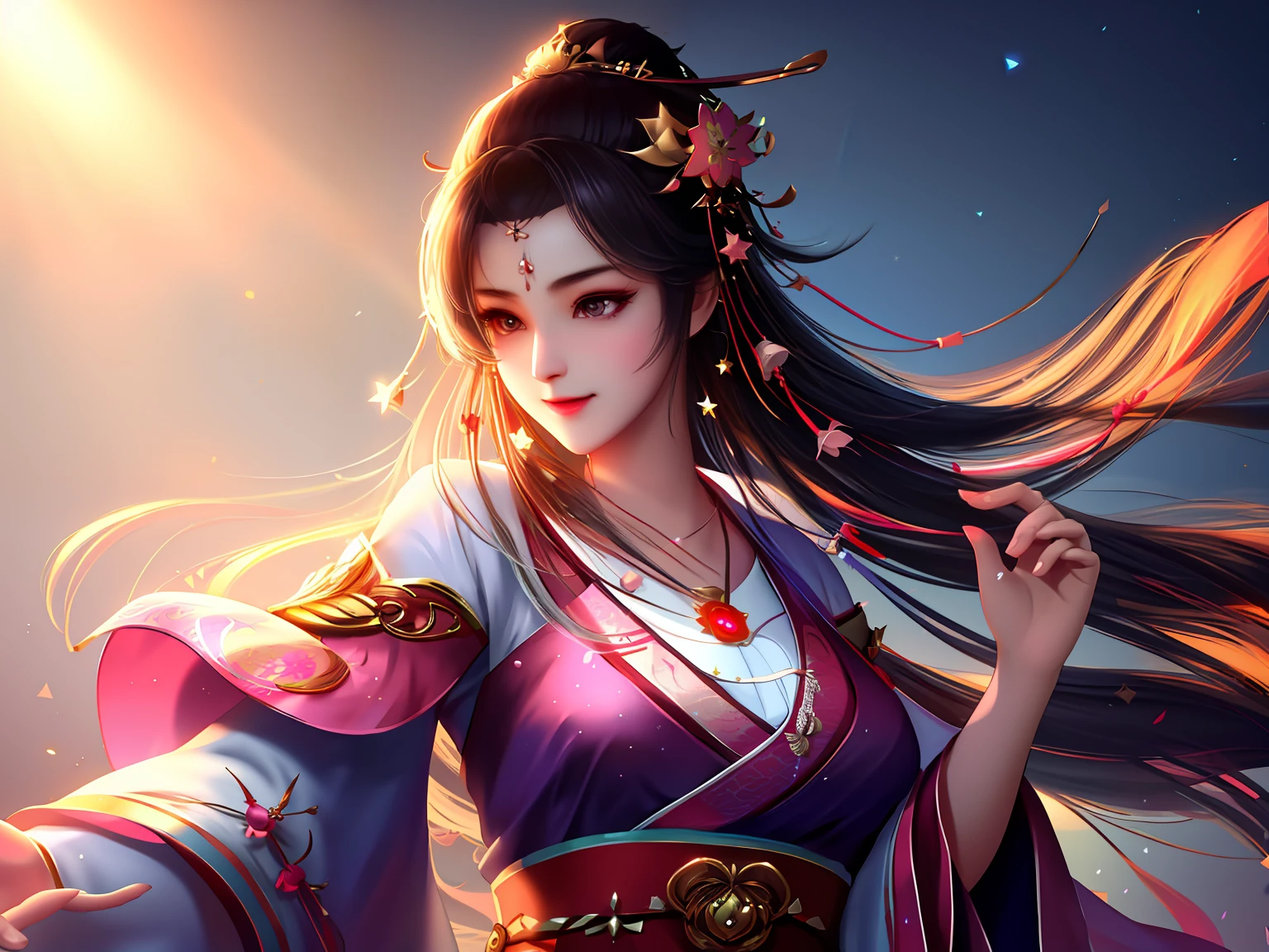 best quality, masterpiece, highres, 1girl,blush,(seductive smile:0.8),star-shaped pupils,china hanfu,hair ornament,necklace, jewelry,Beautiful face,upon_body, tyndall effect,photorealistic, dark studio, rim lighting, two tone lighting,(high detailed skin:1.2), 8k uhd, dslr, soft lighting, high quality, volumetric lighting, candid, Photograph, high resolution, 4k, 8k, Bokeh