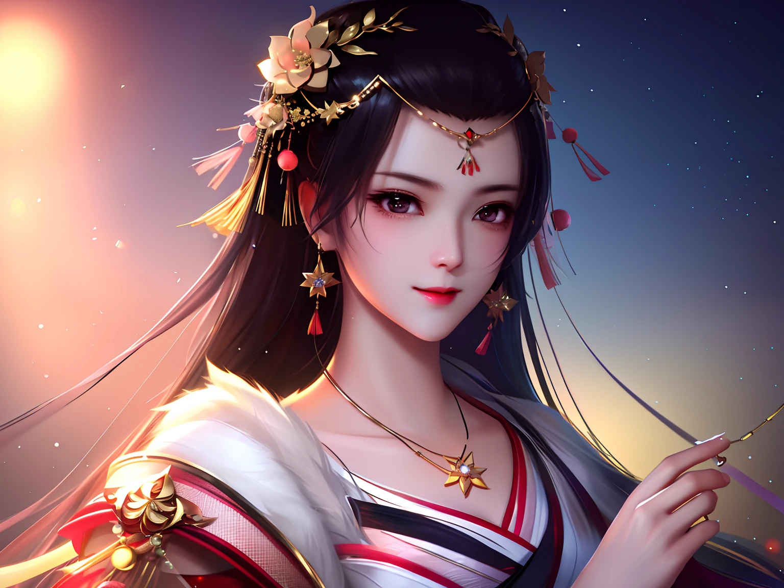 best quality, masterpiece, highres, 1girl,blush,(seductive smile:0.8),star-shaped pupils,china hanfu,hair ornament,necklace, jewelry,Beautiful face,upon_body, tyndall effect,photorealistic, dark studio, rim lighting, two tone lighting,(high detailed skin:1.2), 8k uhd, dslr, soft lighting, high quality, volumetric lighting, candid, Photograph, high resolution, 4k, 8k, Bokeh