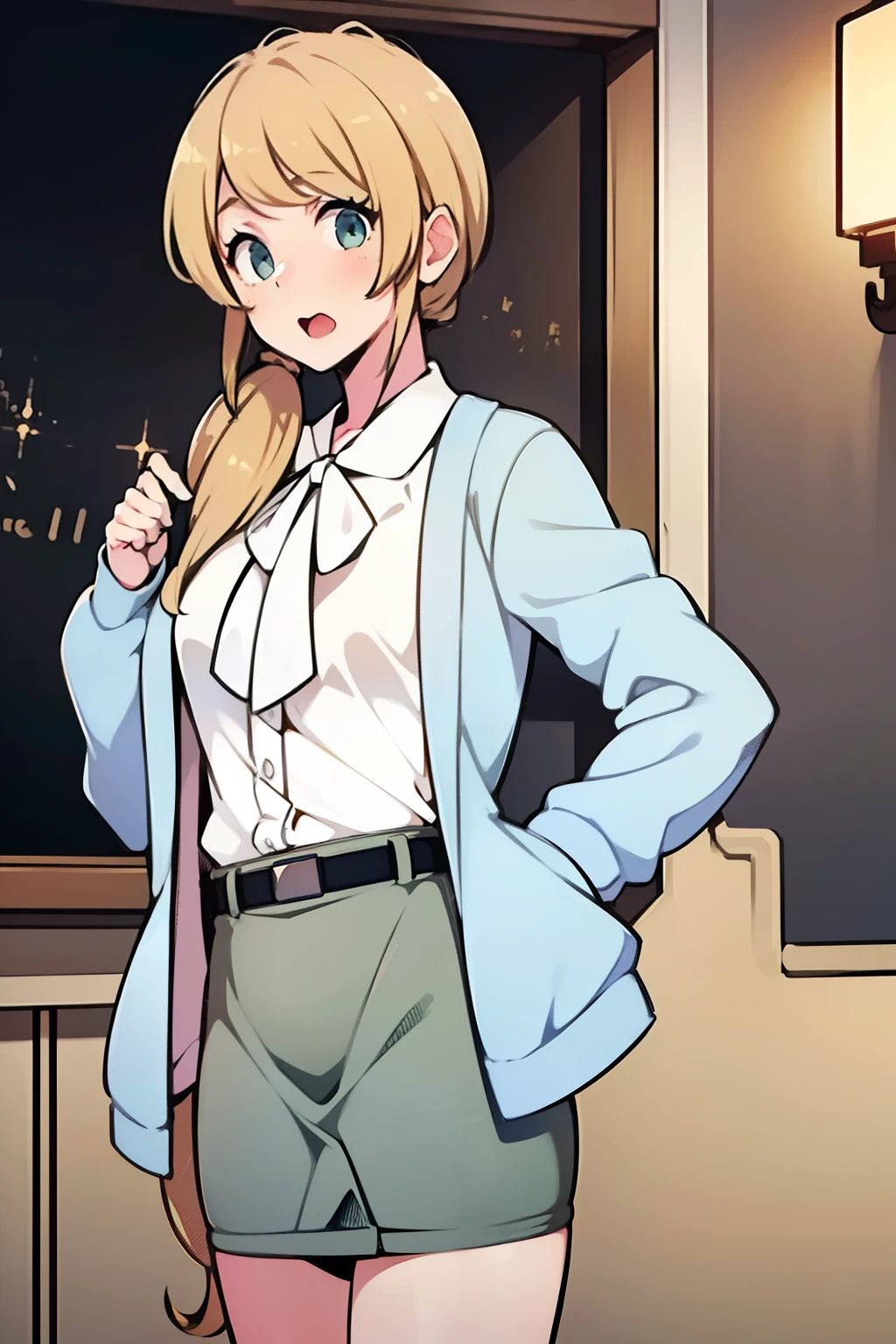 (Best Quality,4K, masterpiece: 1.3),ellenbaker,a girl(teacher),22-years-old,Green eye,Delicate eyes, hair(blonde,long,((loose side tail)),(white blouse),(light blue cardigan),brown tight skirt