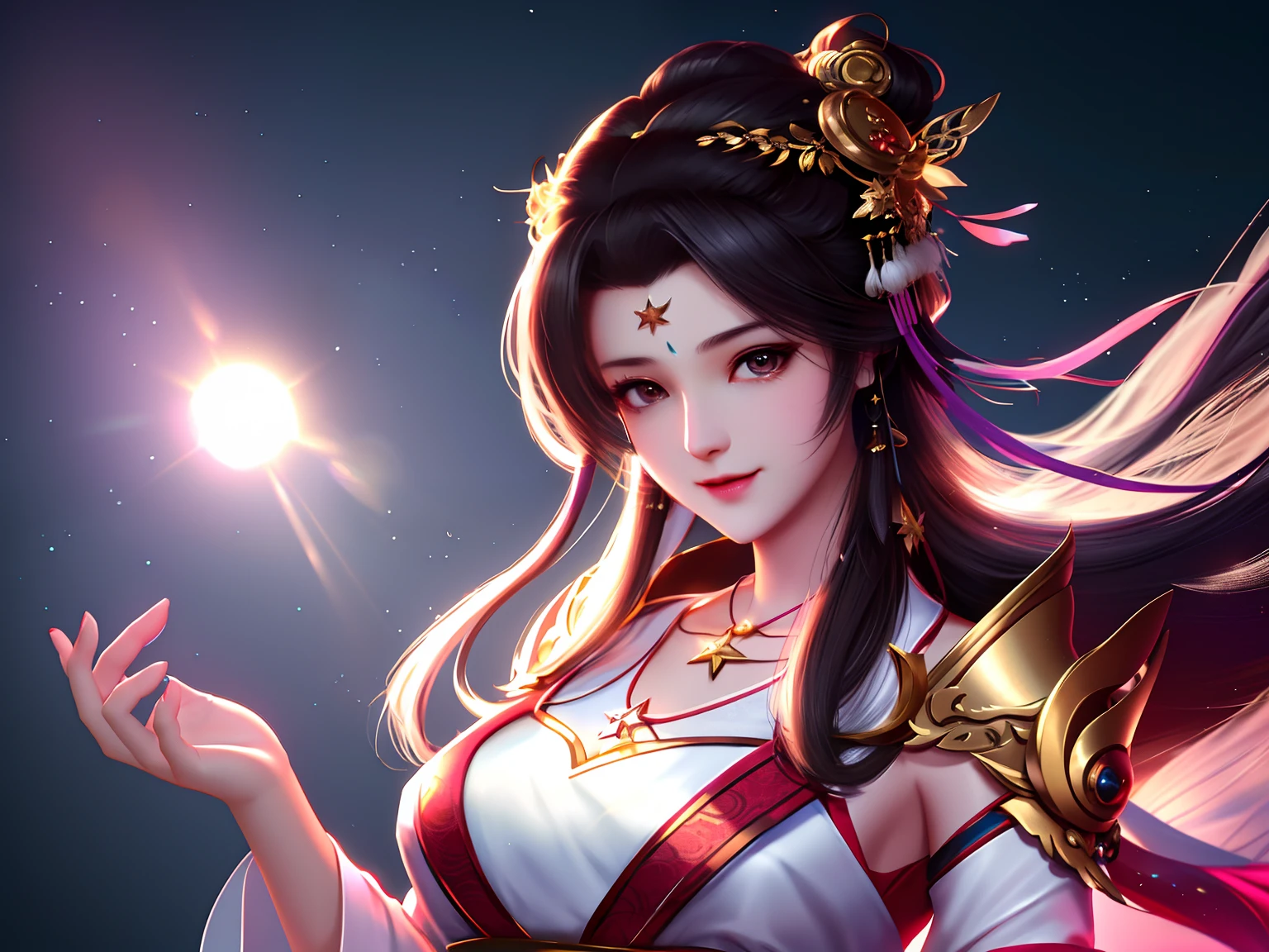 best quality, masterpiece, highres, 1girl,blush,(seductive smile:0.8),star-shaped pupils,china hanfu,hair ornament,necklace, jewelry,Beautiful face,upon_body, tyndall effect,photorealistic, dark studio, rim lighting, two tone lighting,(high detailed skin:1.2), 8k uhd, dslr, soft lighting, high quality, volumetric lighting, candid, Photograph, high resolution, 4k, 8k, Bokeh