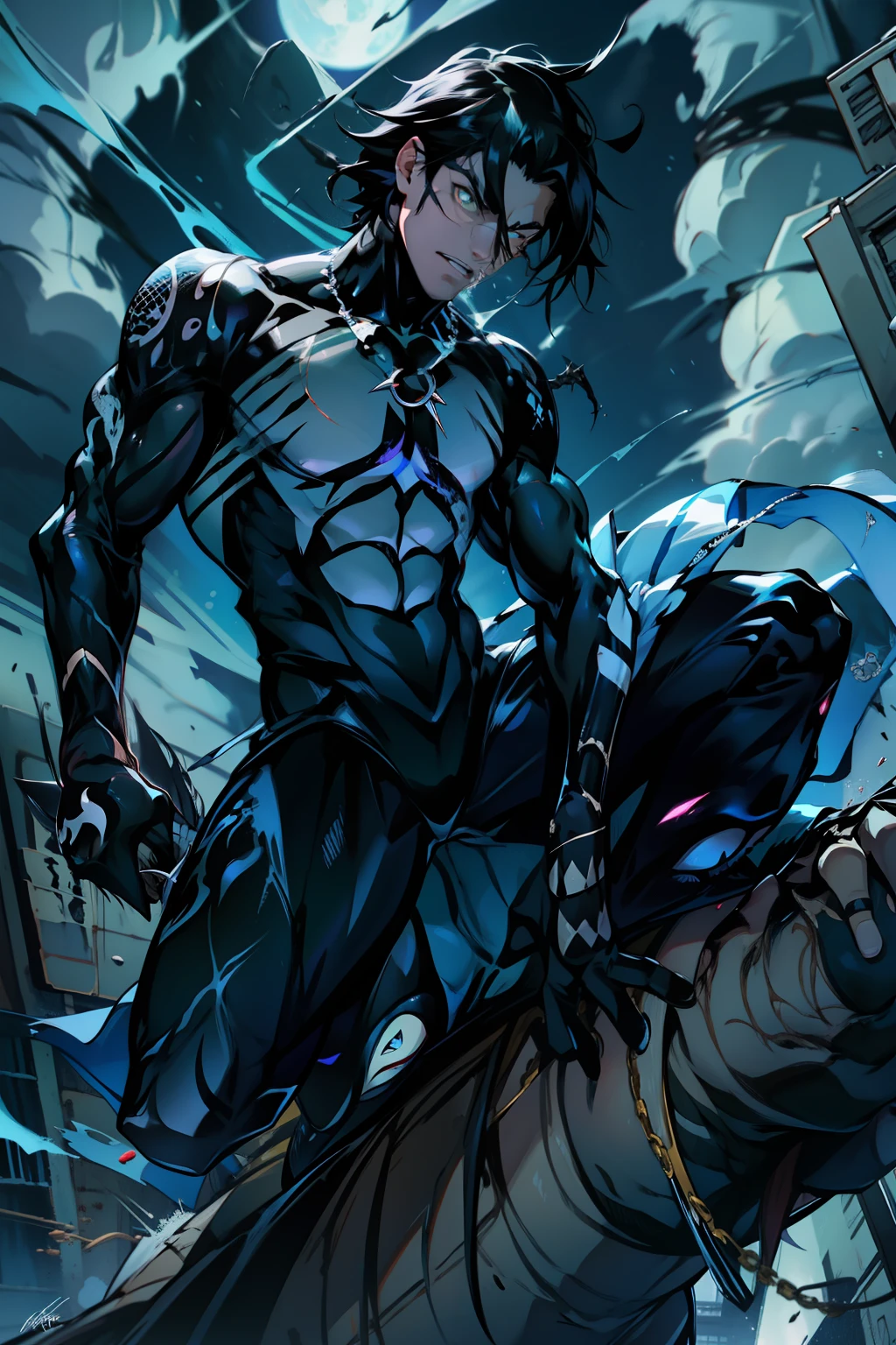 《the original god》Arataki Kazuto , male people, chest muscle, Sexy , Venom symbiote for your body, Black mucus of the body , into venom, venomize,Black bodysuit,(Cloak),Red cape,Abs,(Adult male)((Venom possession,venom symbiote)),over-Tortoise Man,Battle damage,((Masterpiece)), ((Best quality)), Ultra detailed,((illustration)), Dynamic Angle, Detailed light, (Delicate eyes), Floating, 1boy, Male focus, Head, Clothing, Yellow eyes, necklace, tattoo, (Forehead:0.8), (ahoge:0.8), jewelry, brunette color hair,apathy,Ray, chest muscle, Sexy , Venom symbiote for your body, Black mucus of the body , (into venom), Venom,frontage,Bust photo,White tight-fitting top,spiderman outfit,style of anime4 K, 4K anime wallpaper, Badass anime 8 K, 4 k comic wallpaper, young anime man, Anime boys, Anime wallpapers 4 k, Anime wallpaper 4K, High quality anime art style, Anime moe art style, Anime art wallpaper 8 K, Anime art wallpaper 4 K, RGB lighting,