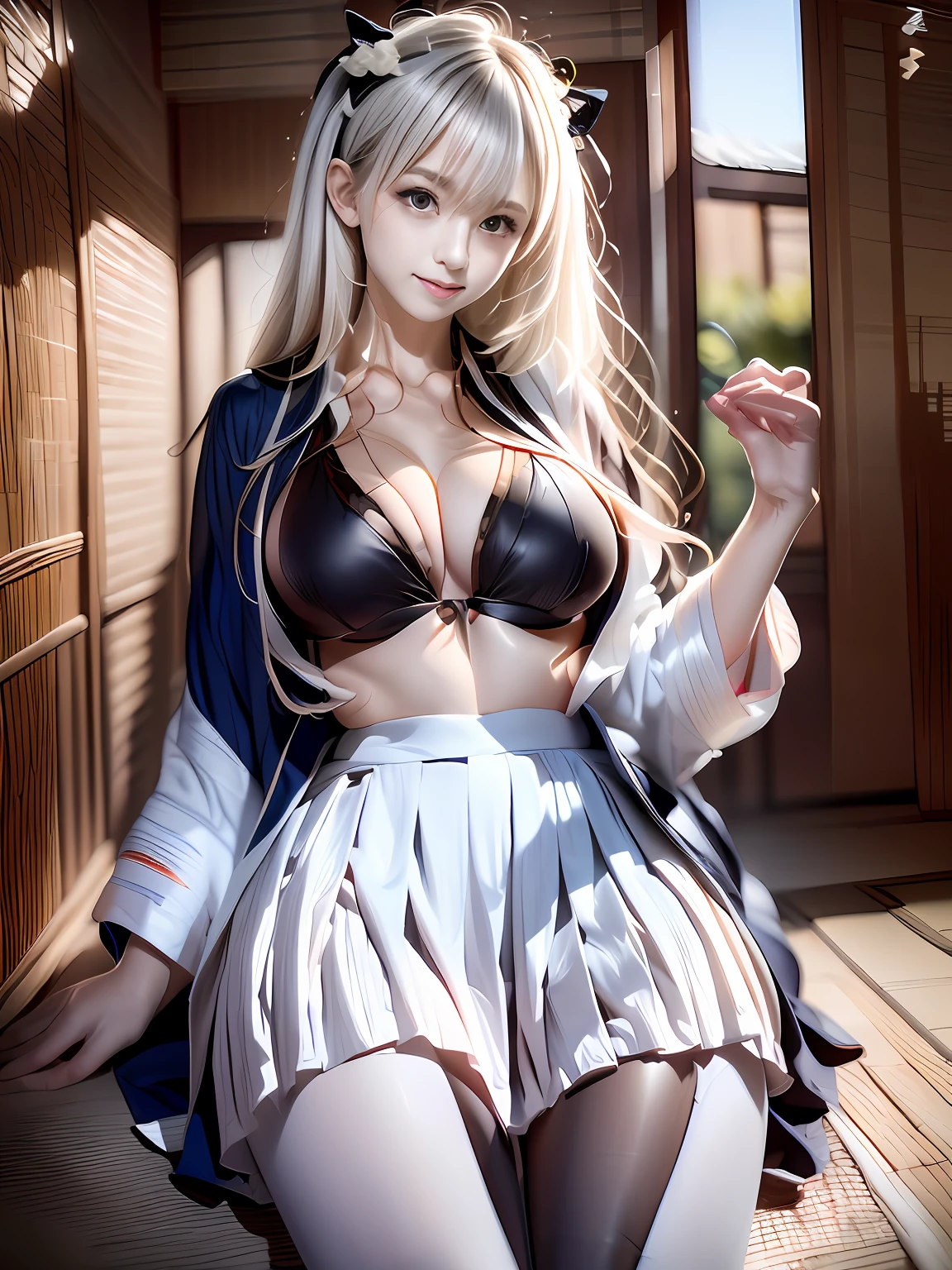 top-quality:1,2)、masterpiece、超A high resolution、(Photorealsitic:1.4)、((Raw foto:1.3))、1 girl in、(((white hair:1.5)))、full body Esbian、((Erotic Poses:1.2))、(((Erotic look:1.4)))、gargantilha、二重まぶた、((Loose and fluffy perm:1.4))、((semi long hair:1.2))、((Skinny Wear:1.5))++、kindly smile、((Super Cute:1.2))、(((Pleated skirt in light fabric:1.5)))++, ((Glossy lips:1.2)),Natural makeup,((Wearing a blouse:1.5)), (top-quality、masterpiece)、1girl in、intricate detailes、hight resolution, elegent, ((realisitic)), (Perfect anatomical depiction of the human body), age girl is a schoolgirl in Japan、 The girl is a Japan person with blue eyes and long hair skin and bangs turn white、Japanese, (big breasts thin waist)、((thighs thin))、(((a baby face)))+、((Crimson ribbon ties)). (((Neat white blouse with smooth thin fabric)))+、(no-bra),((pleated skirt with fine folds,,,,,,))、((No skin exposed on upper body))、(Neat clothes with all buttons fastened)、(The hem of the blouse is tucked inside the skirt), (Beautiful big blue eyes), (Thin and clear double eyelid lines for the eyes), ((photos realistic)),((Wearing a skinny blouse))、((The human))、((Beautiful legs))、((Sexy body))+、((Ruffles at the hem of the skirt))、(((Disheveled kimono:1.7)))++,(((Wearing pantyhose:1.7)))、((Red checked skirt))、((Seductive body))、(Beautiful hands),sexy skirt、Japanese ido、hposing Gravure Idol、Seductive underwear、Asian Idol、