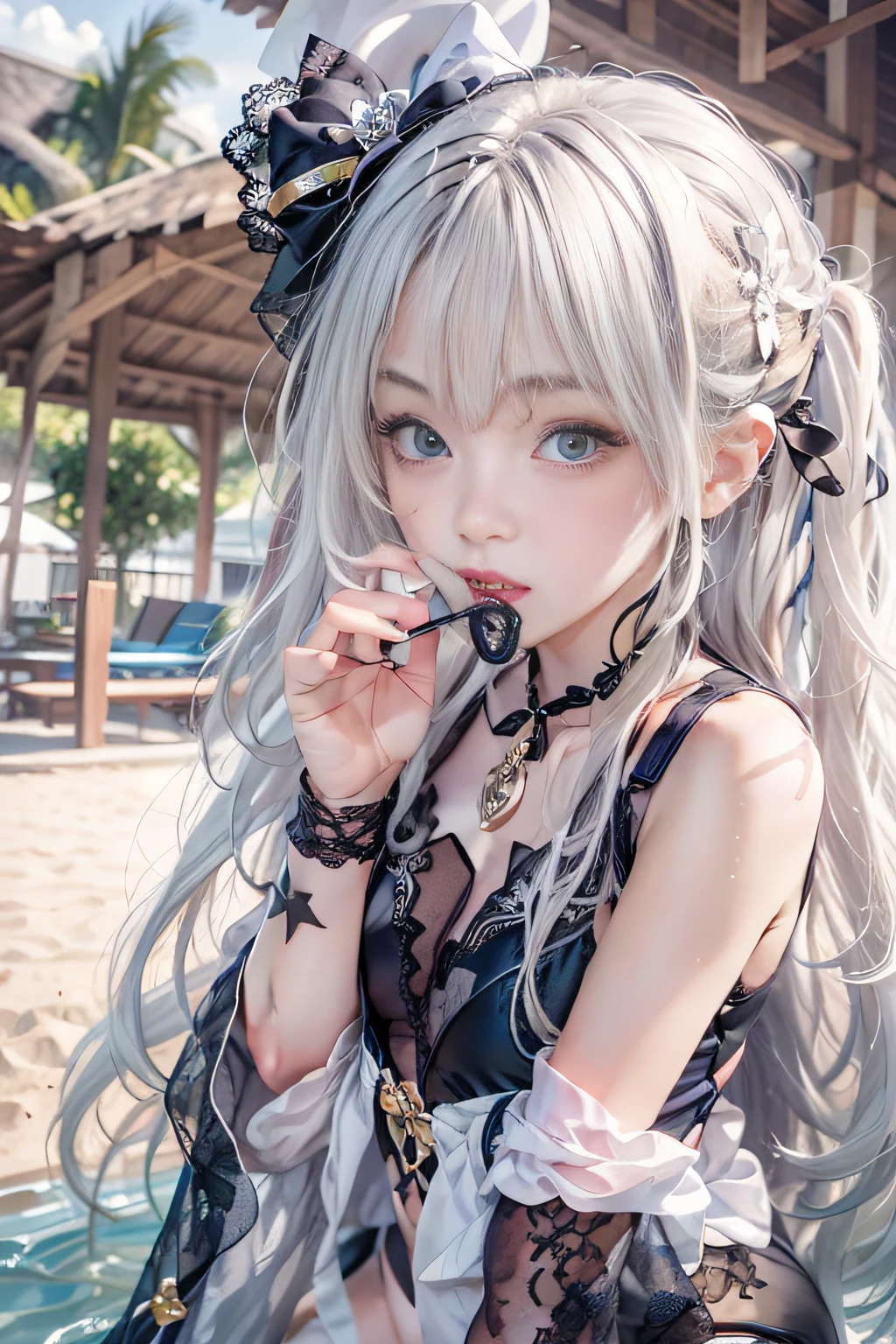 Girl in a goth loli swimsuit with summer pus、Playing with a sand nose、Black and white lace swimsuit，Lowleg swimwear、Hamachaya