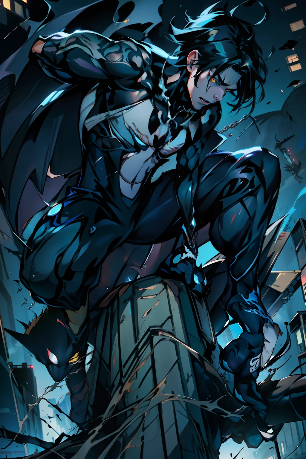 《the original god》Arataki Kazuto , male people, chest muscle, Sexy , Venom symbiote for your body, Black mucus of the body , into venom, venomize,Black bodysuit,(Cloak),Red cape,Abs,(Adult male)((Venom possession,venom symbiote)),over-Tortoise Man,Battle damage,((Masterpiece)), ((Best quality)), Ultra detailed,((illustration)), Dynamic Angle, Detailed light, (Delicate eyes), Floating, 1boy, Male focus, Head, Clothing, Yellow eyes, necklace, tattoo, (Forehead:0.8), (ahoge:0.8), jewelry, brunette color hair,apathy,Ray, chest muscle, Sexy , Venom symbiote for your body, Black mucus of the body , (into venom), Venom,frontage,Bust photo,White tight-fitting top,spiderman outfit,style of anime4 K, 4K anime wallpaper, Badass anime 8 K, 4 k comic wallpaper, young anime man, Anime boys, Anime wallpapers 4 k, Anime wallpaper 4K, High quality anime art style, Anime moe art style, Anime art wallpaper 8 K, Anime art wallpaper 4 K, RGB lighting,
