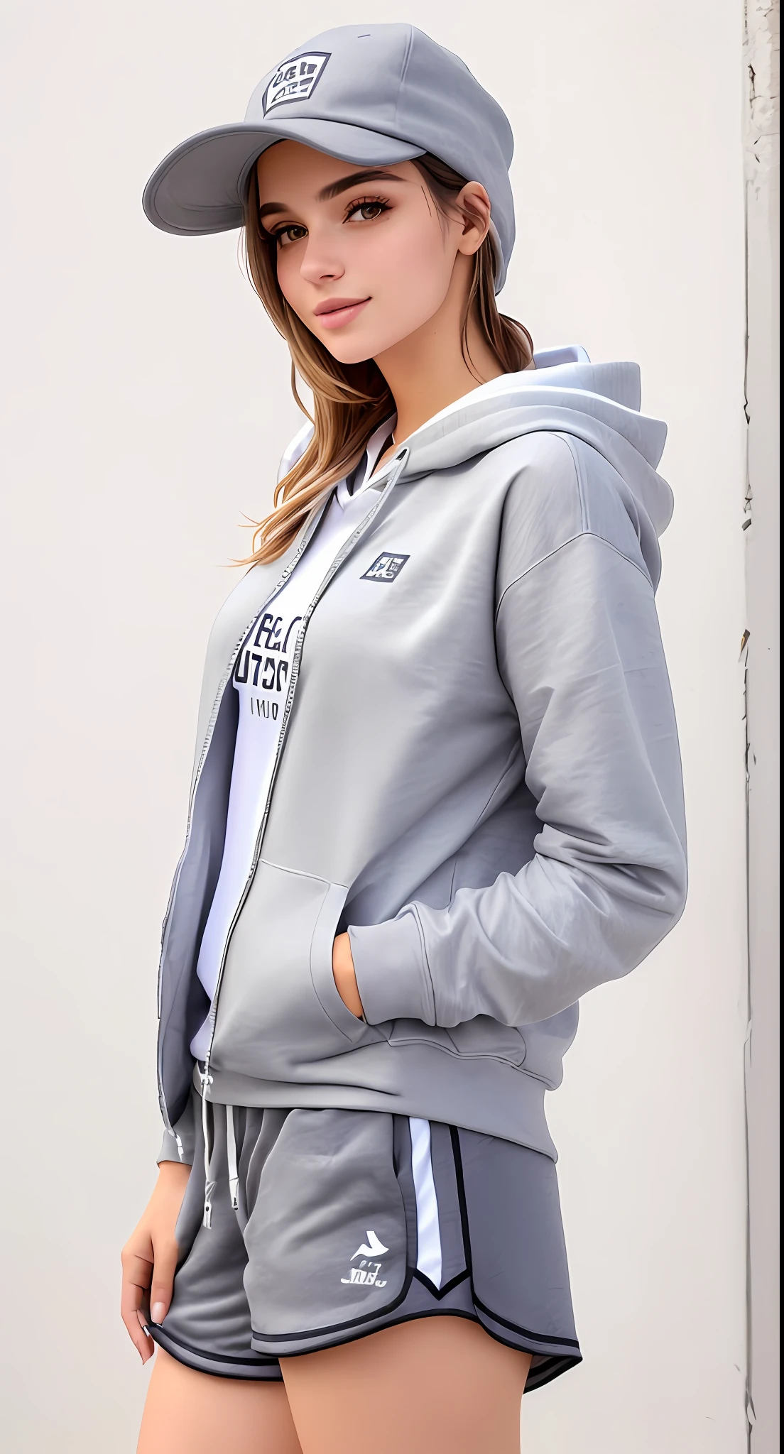 uma mulher linda com capuz cinza e shorts curto e folgado posando para uma foto, capuz cinza, capuz cinza, menina vestindo capuz, capuz cinza claro aberto, grey jacket, Hodie Mihi Cras Tibi, Capuz cinza aberto, usando capuz, vestindo um moletom cinza com capuz, Foto de perfil, camisola cinzenta, Capuz, roupas esportivas fofas, cinza claro, wearing a hoodie and sweatpants
