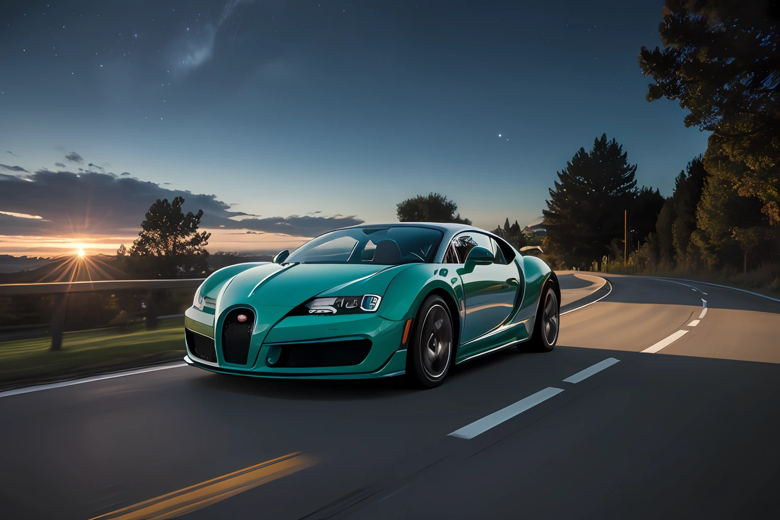 Arafed Buggy conduciendo por una carretera en medio de un bosque, (cielo nocturno estrellado:1.5). Bugatti Veyron, Chiron, Bugatti, Andrew Tate conduciendo un Bugatti, (Emerald green vehicle:1.3) vehicle photography, crisp smooth lines, inspiration, triunfante, Deportivo, automotive photography, Estilo de vida de lujo, Superdeportivo, por Etienne Delessert, inspirado por Harry Haenigsen, Deportivo, majestuosa obra maestra, frente al mar