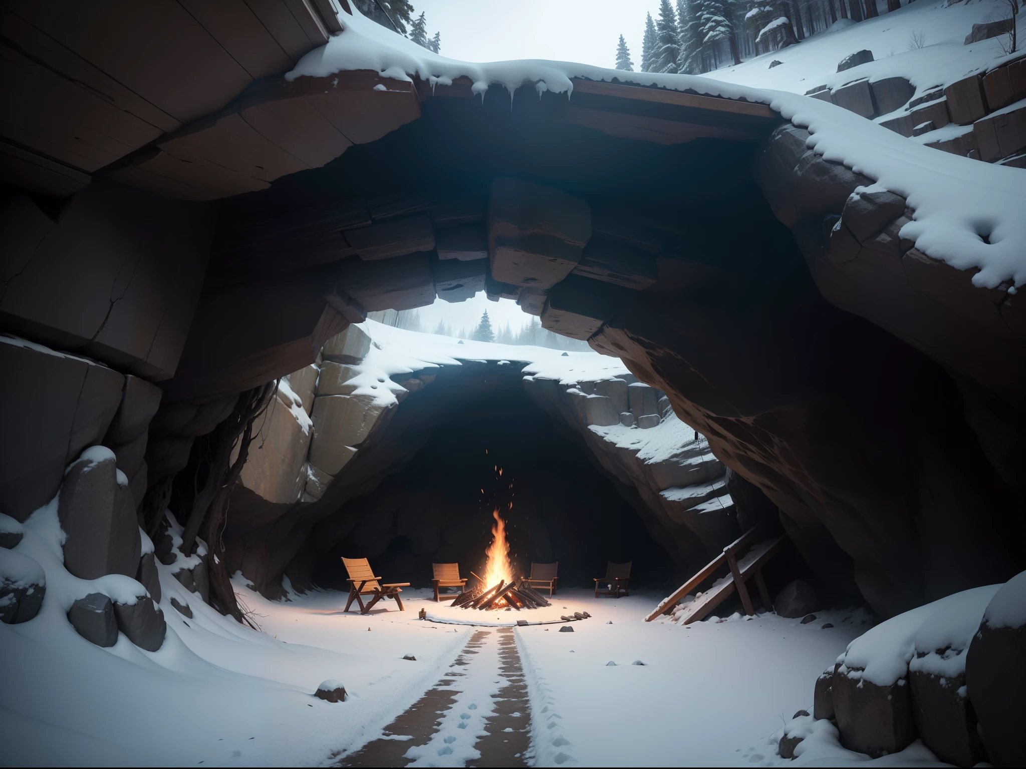 "A relatively large winter cave inside，An extinguished campfire，The cave is slightly darker。"