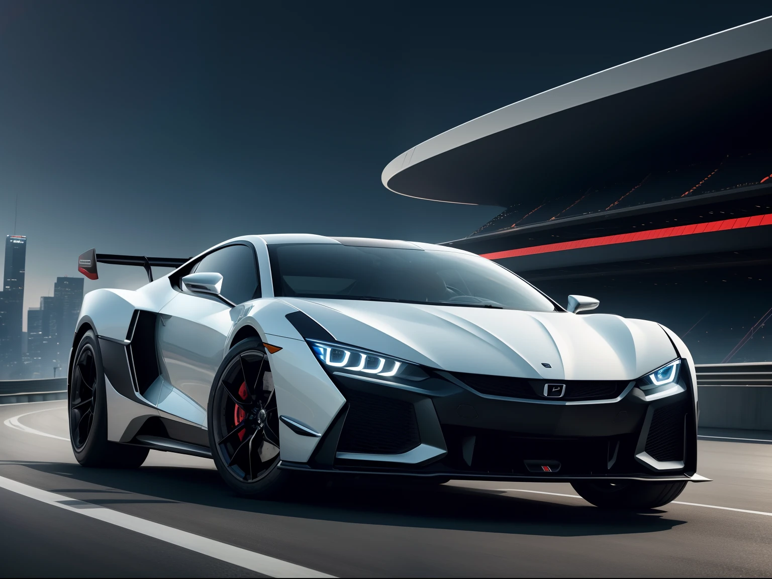 carro, The perfect union between technology and performance. Com um design agressivo e futurista, This car exudes confidence and speed. Every corner and angle has been designed to optimise aerodynamics and deliver an exciting driving experience, futuristic city landscape behind