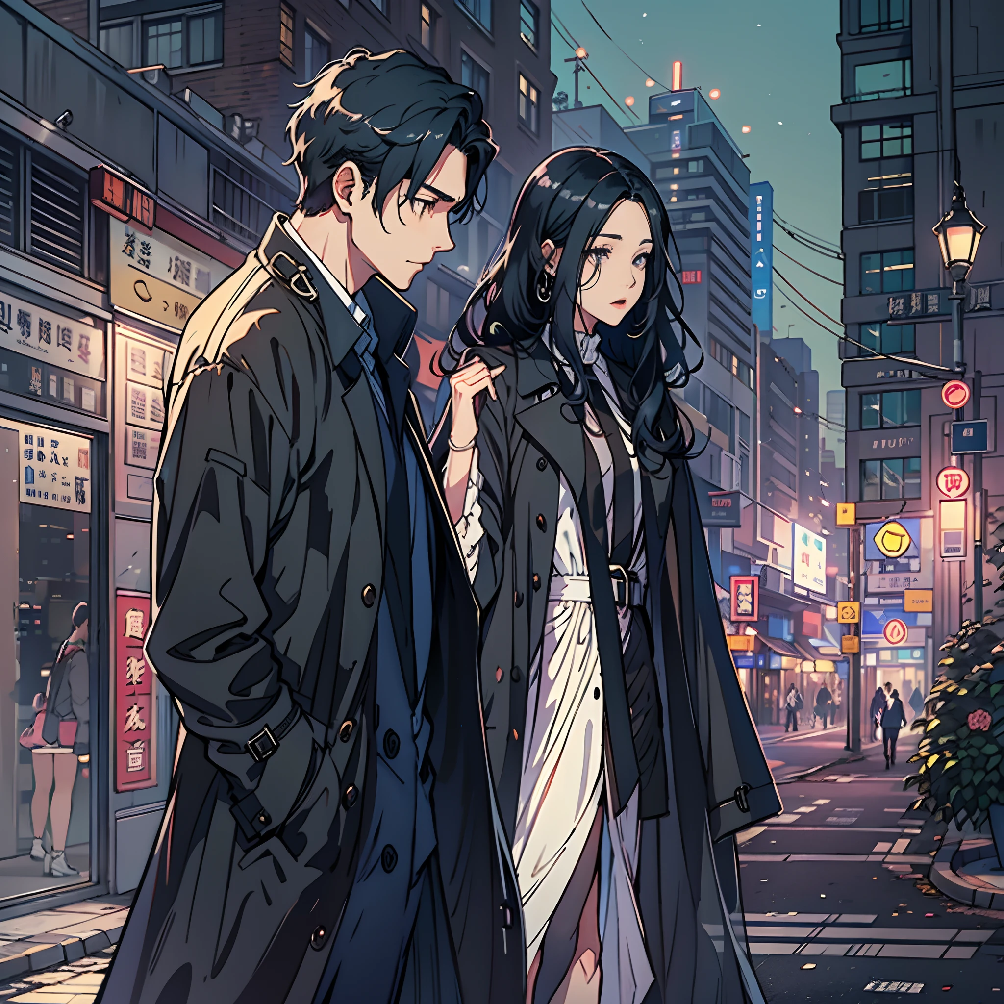 A man with short hair in a long black trench coat lies on the bed,A woman with long black hair in a white dress,Woman walking with man on the road to the hotel。w hotel,themoon,Faraway view,Manhwa Style,