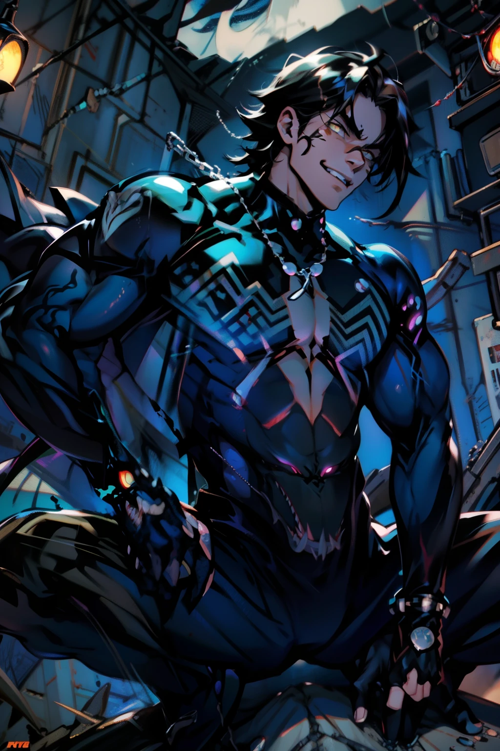 《the original god》Arataki Kazuto , male people, chest muscle, Sexy , Venom symbiote for your body, Black mucus of the body , into venom, venomize,Black bodysuit,(Cloak),Red cape,Abs,(Adult male)((Venom possession,venom symbiote)),over-Tortoise Man,Battle damage,((Masterpiece)), ((Best quality)), Ultra detailed,((illustration)), Dynamic Angle, Detailed light, (Delicate eyes), Floating, 1boy, Male focus, Head, Clothing, Yellow eyes, necklace, tattoo, (Forehead:0.8), (ahoge:0.8), jewelry, brunette color hair,apathy,Ray, chest muscle, Sexy , Venom symbiote for your body, Black mucus of the body , (into venom), Venom,frontage,Bust photo,White tight-fitting top,spiderman outfit,style of anime4 K, 4K anime wallpaper, Badass anime 8 K, 4 k comic wallpaper, young anime man, Anime boys, Anime wallpapers 4 k, Anime wallpaper 4K, High quality anime art style, Anime moe art style, Anime art wallpaper 8 K, Anime art wallpaper 4 K, RGB lighting,
