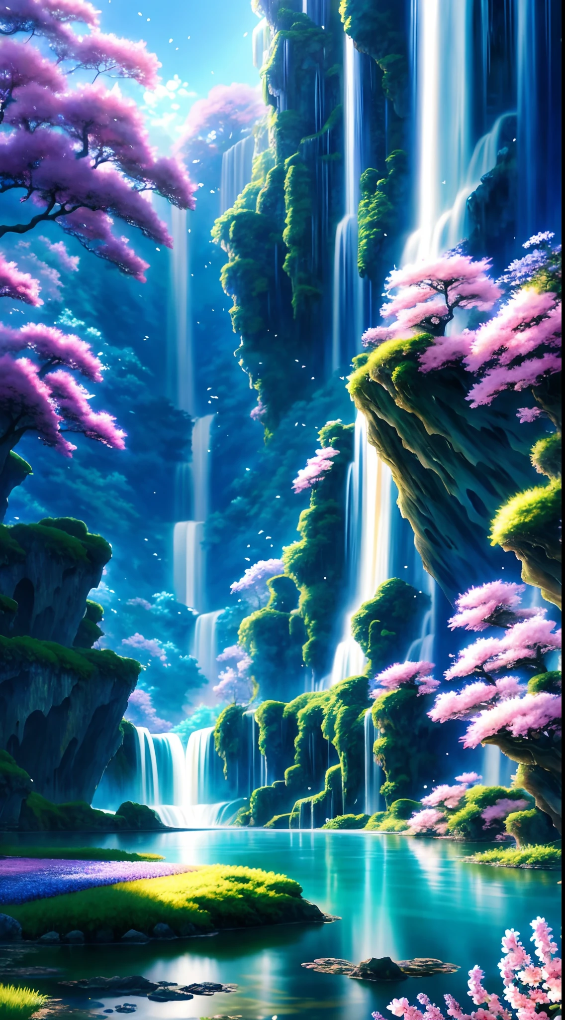 Anime landscape with waterfalls and flowers in the foreground, anime landscape wallpapers, Anime art wallpaper 4 K, Anime art wallpaper 4k, Anime art wallpaper 8 K, Anime background art, ross tran. scenery background, Beautiful art UHD 4 K, beautiful anime scenery, Anime fantasy artwork, andreas rocha style, Anime landscape, Concept art wallpaper 4K, 4K anime wallpaper