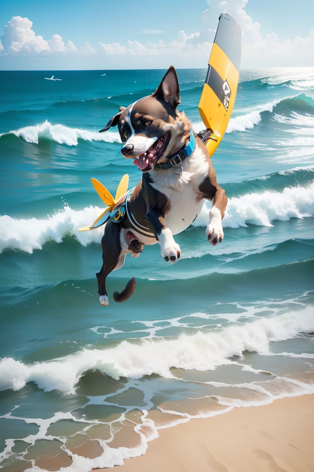 Imagina um drone, which is a device resembling a small helicopter. He's flying over a beach, with their propellers spinning in the air. Ao lado dele, There are two excited dogs, brincando na areia. Suas patas tocam a areia fofa enquanto correm, their tongues sway as they enjoy themselves. O drone acompanha os cachorros com movimentos suaves, Capturing the scene with your camera. The sun shines in the blue sky, reflecting in the seawater that extends as far as the eye can see. The soft noise of the waves mixes with the soft hum of the drone's propellers. The whole scene conveys a sense of joy and freedom, mostrando a harmonia entre a tecnologia e a natureza, enquanto os cachorros exploram a praia e o drone registra essa cena encantadora.