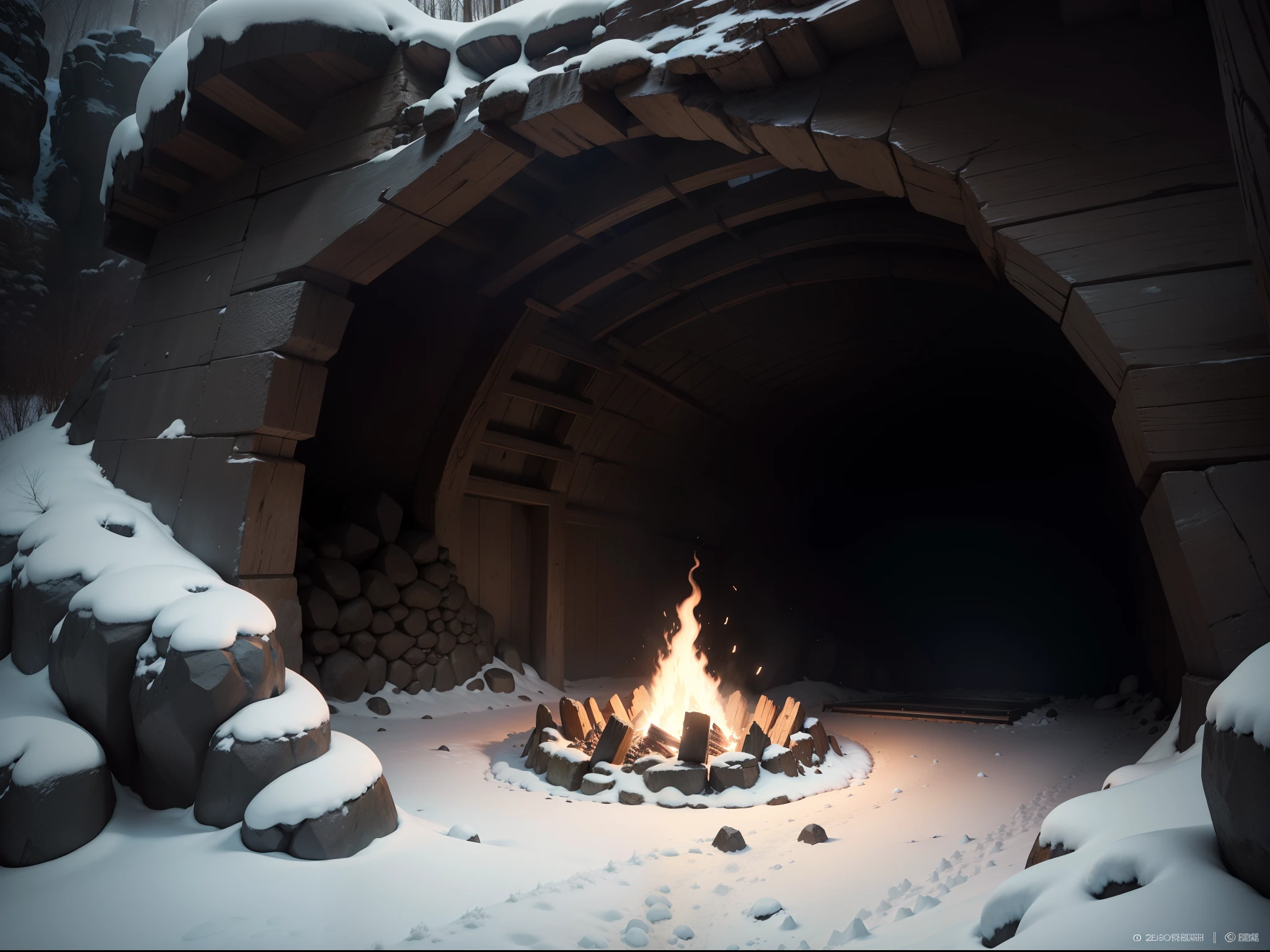 "A relatively large winter cave inside，An extinguished campfire，The cave is slightly darker。"