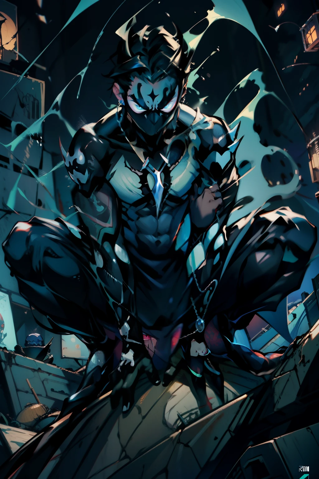 《the original god》Arataki Kazuto , male people， chest muscle， Sexy , Venom symbiote for your body, Black mucus of the body , into venom, venomize，Black bodysuit，（Cloak），Red cape，Abs，（Adult male）（（Venom possession，venom symbiote）），over-Tortoise Man，Battle damage，((Masterpiece)), ((Best quality)), Ultra detailed,((illustration)), Dynamic Angle, Detailed light, (Delicate eyes), Floating, 1boy, Male focus, Head, Clothing, Yellow eyes, necklace, tattoo, (Forehead:0.8), (ahoge:0.8), jewelry, brunette color hair,apathy，Ray， chest muscle， Sexy , Venom symbiote for your body, Black mucus of the body , （into venom）, Venom，frontage，Bust photo，White tight-fitting top，spiderman outfit，style of anime4 K， 4K anime wallpaper， Badass anime 8 K， 4 k comic wallpaper， young anime man， Anime boys， Anime wallpapers 4 k， Anime wallpaper 4K， High quality anime art style， Anime moe art style， Anime art wallpaper 8 K， Anime art wallpaper 4 K， RGB lighting，