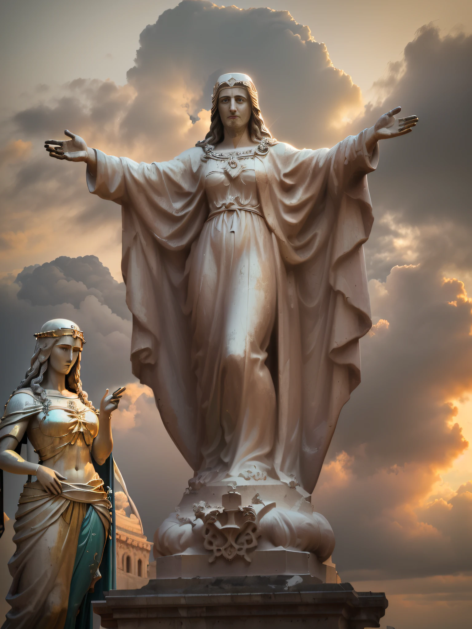 arafed statue of a woman with arms outstretched in front of a cloudy sky, religious sculpture, jesus christ, christ the redeemer, statue, some marble statues can be seen, marble statues, a statue, cristo redentor, jesus of nazareth, marble statue, jesus, gigachad jesus, statue of carving marble, queen of heaven, christian saint