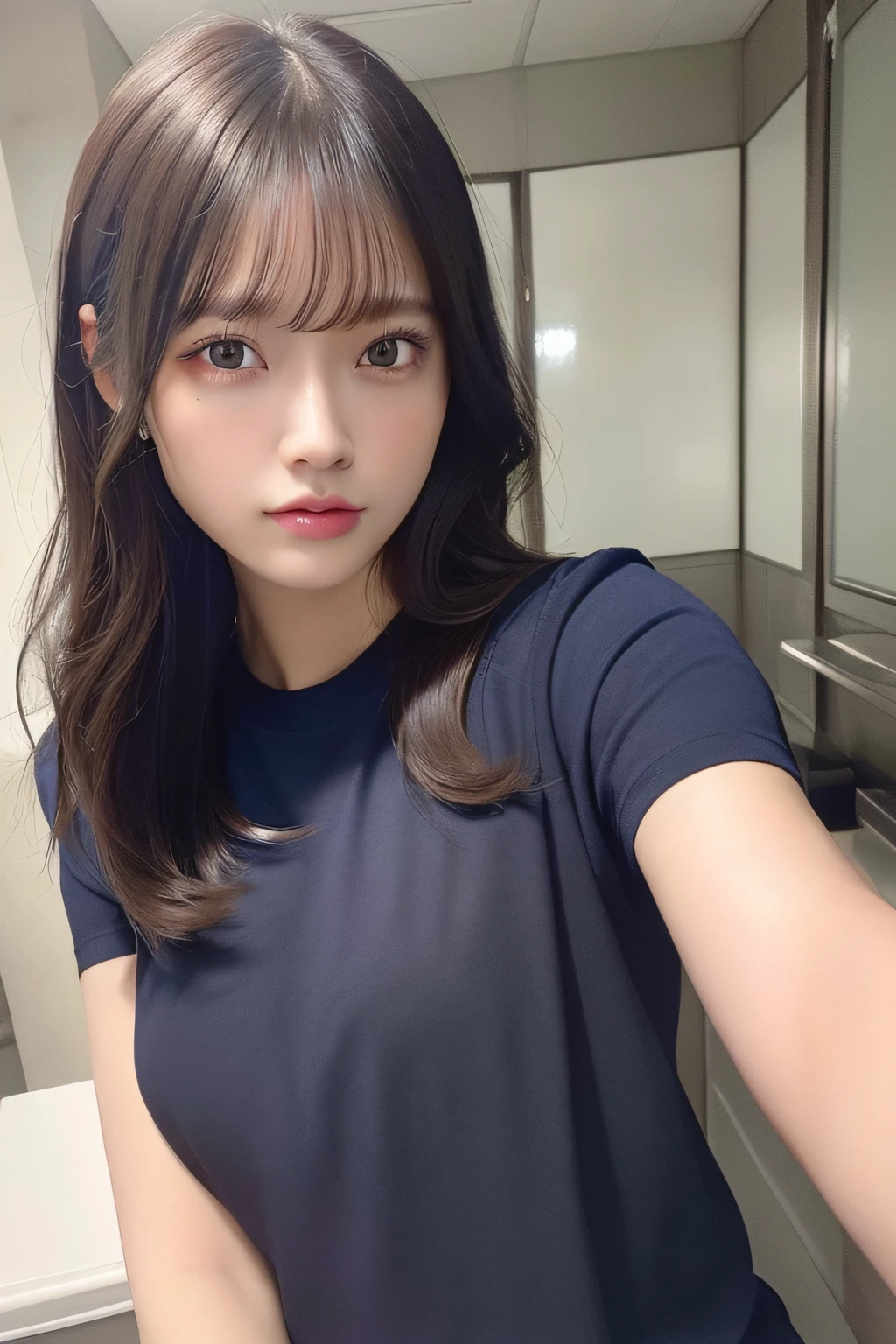 8K,Best quality, masterpiece, ultra high res, (photorealistic:1.4), raw photo, (Authentic skin texture:1.3), (film grain:1.3), (selfie angle),1girl,beautiful detailed eyes and face,masterpiece, best quality,upper bod,doctor, Hospital duty room,long black hair,wearing navy t-shirt, light makeup,face with no make-up, sitting on bed,
