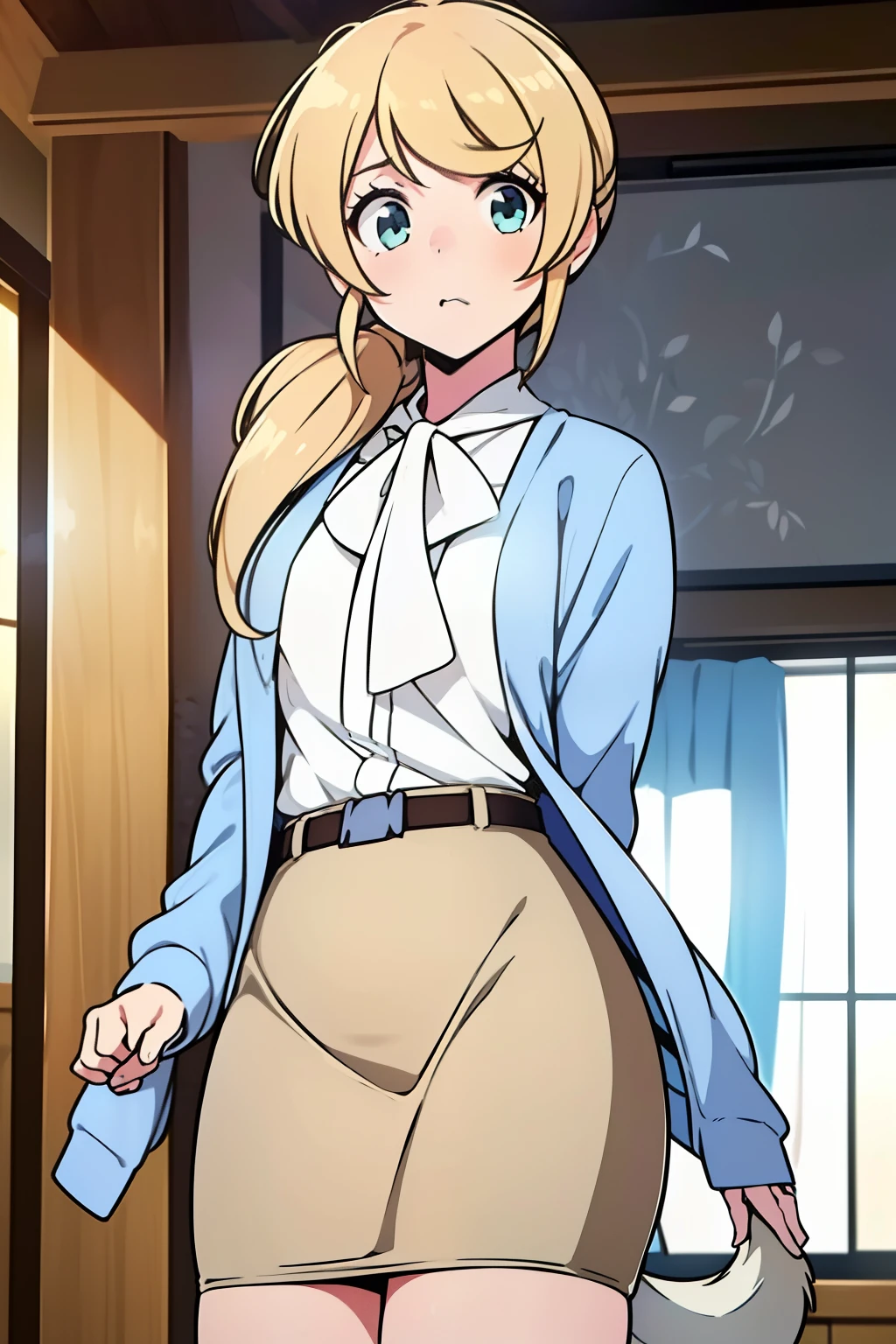 (Best Quality,4K, masterpiece: 1.3),ellenbaker,a girl(teacher),22-years-old,Green eye,Delicate eyes, hair(blonde,long,((loose side tail)),(white blouse),(light blue cardigan),brown tight skirt