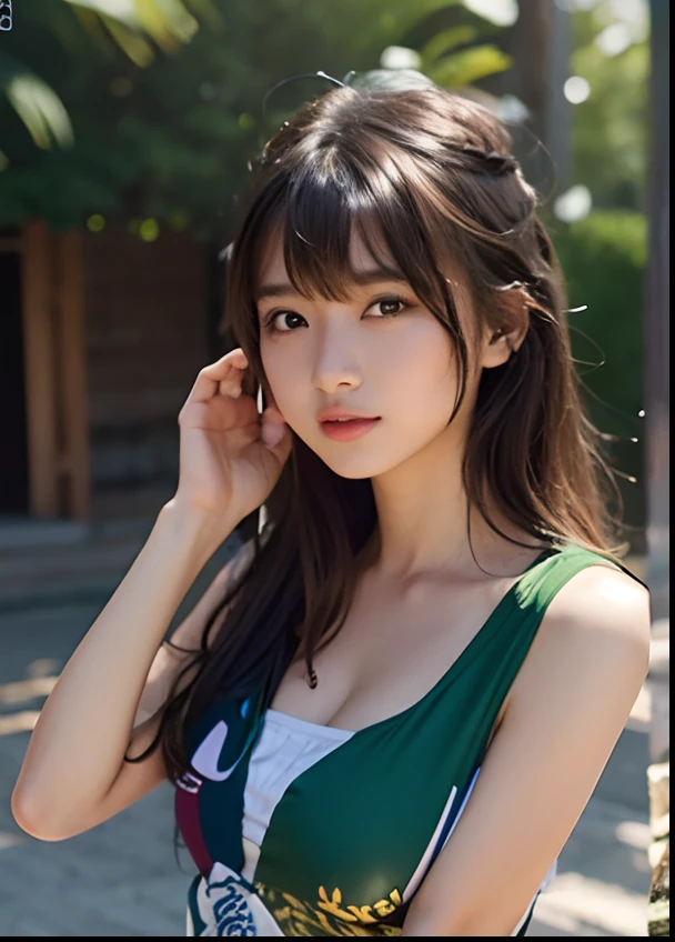 NSFW, 8k RAW photo, top-quality, １６age、​masterpiece, 超A high resolution, film grains, filmg, 1girl, looking at the viewers, Volleyball uniform、natural skin textures, realistic eyes and face details, Full lips,long shiny hair, hair messy, a smile, closes mouth, beautiful legs, Tall lady, skiny, slim_legs, 独奏, buttock, The shirt, Beautiful natural places, Around the position of the flower, (细致背景), blurry backround, wearing volleyball uniform、Eau, bangss, 校服, jewely, cparted lips, s lips, From the side, depth of fields