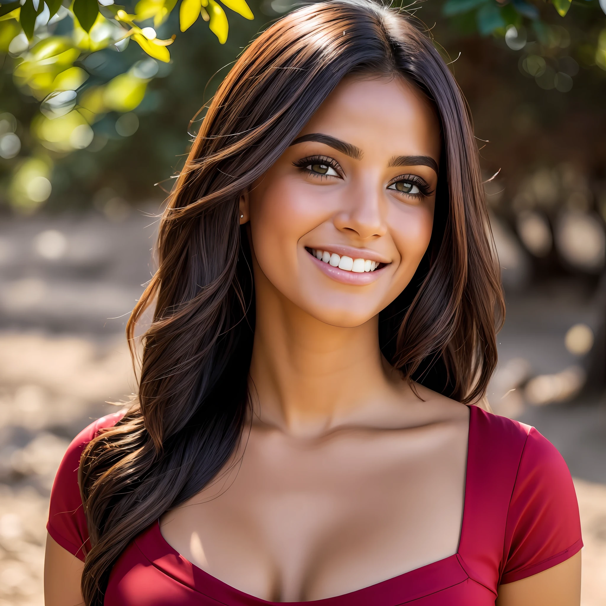Imagem em 8k ou superior de uma linda Espanhola morena cabelos pretos cacheados de corpo inteiro fotografada por uma cannon 50mm.rosto angelical,sorriso caliente com lindo batom vermelho.cinematiclight,vestido colado vermelho sexy,valorizando seus seios grandes.(Sol,ao fundo uma rual de Sevilha hiperdetalhada)