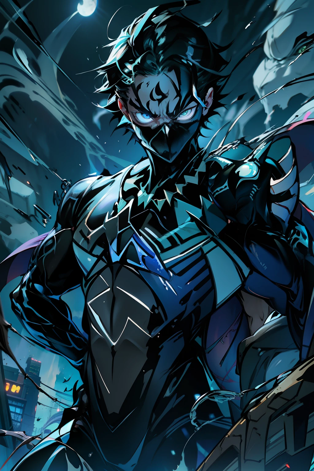 《the original god》Arataki Kazuto , male people， chest muscle， Sexy , Venom symbiote for your body, Black mucus of the body , into venom, venomize，Black bodysuit，（Cloak），Red cape，Abs，（Adult male）（（Venom possession，venom symbiote）），over-Tortoise Man，Battle damage，((Masterpiece)), ((Best quality)), Ultra detailed,((illustration)), Dynamic Angle, Detailed light, (Delicate eyes), Floating, 1boy, Male focus, Head, Clothing, Yellow eyes, necklace, tattoo, (Forehead:0.8), (ahoge:0.8), jewelry, brunette color hair,apathy，Ray， chest muscle， Sexy , Venom symbiote for your body, Black mucus of the body , （into venom）, Venom，frontage，Bust photo，White tight-fitting top，spiderman outfit，style of anime4 K， 4K anime wallpaper， Badass anime 8 K， 4 k comic wallpaper， young anime man， Anime boys， Anime wallpapers 4 k， Anime wallpaper 4K， High quality anime art style， Anime moe art style， Anime art wallpaper 8 K， Anime art wallpaper 4 K， RGB lighting，