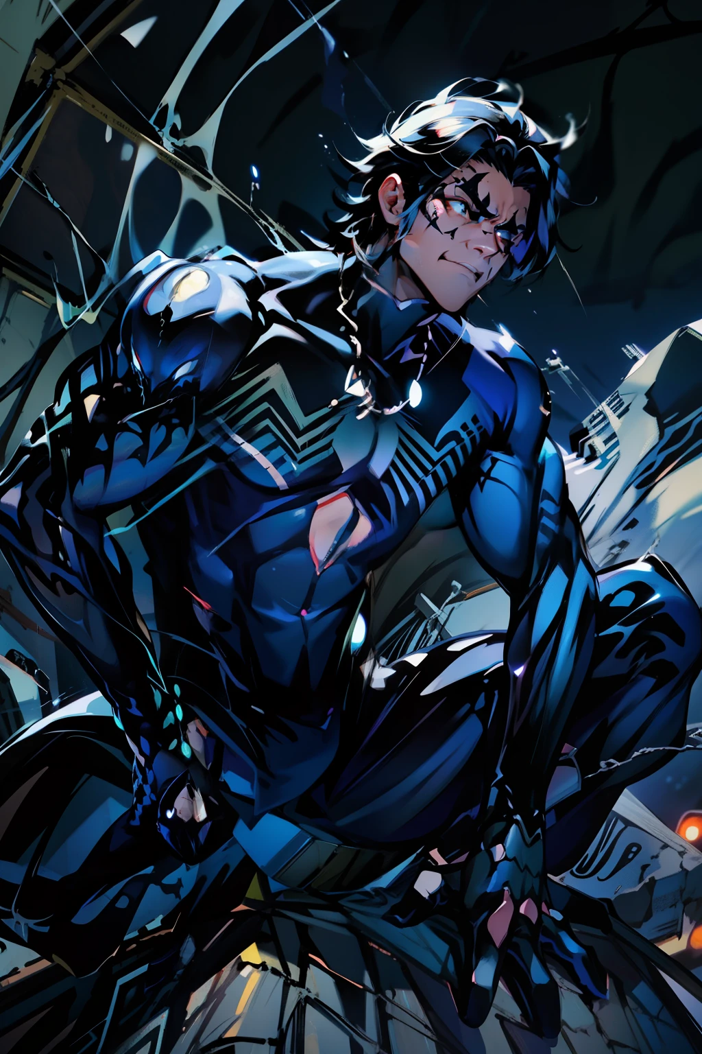 《the original god》Arataki Kazuto , male people， chest muscle， Sexy , Venom symbiote for your body, Black mucus of the body , into venom, venomize，Black bodysuit，（Cloak），Red cape，Abs，（Adult male）（（Venom possession，venom symbiote）），over-Tortoise Man，Battle damage，((Masterpiece)), ((Best quality)), Ultra detailed,((illustration)), Dynamic Angle, Detailed light, (Delicate eyes), Floating, 1boy, Male focus, Head, Clothing, Yellow eyes, necklace, tattoo, (Forehead:0.8), (ahoge:0.8), jewelry, brunette color hair,apathy，Ray， chest muscle， Sexy , Venom symbiote for your body, Black mucus of the body , （into venom）, Venom，frontage，Bust photo，White tight-fitting top，spiderman outfit，style of anime4 K， 4K anime wallpaper， Badass anime 8 K， 4 k comic wallpaper， young anime man， Anime boys， Anime wallpapers 4 k， Anime wallpaper 4K， High quality anime art style， Anime moe art style， Anime art wallpaper 8 K， Anime art wallpaper 4 K， RGB lighting，