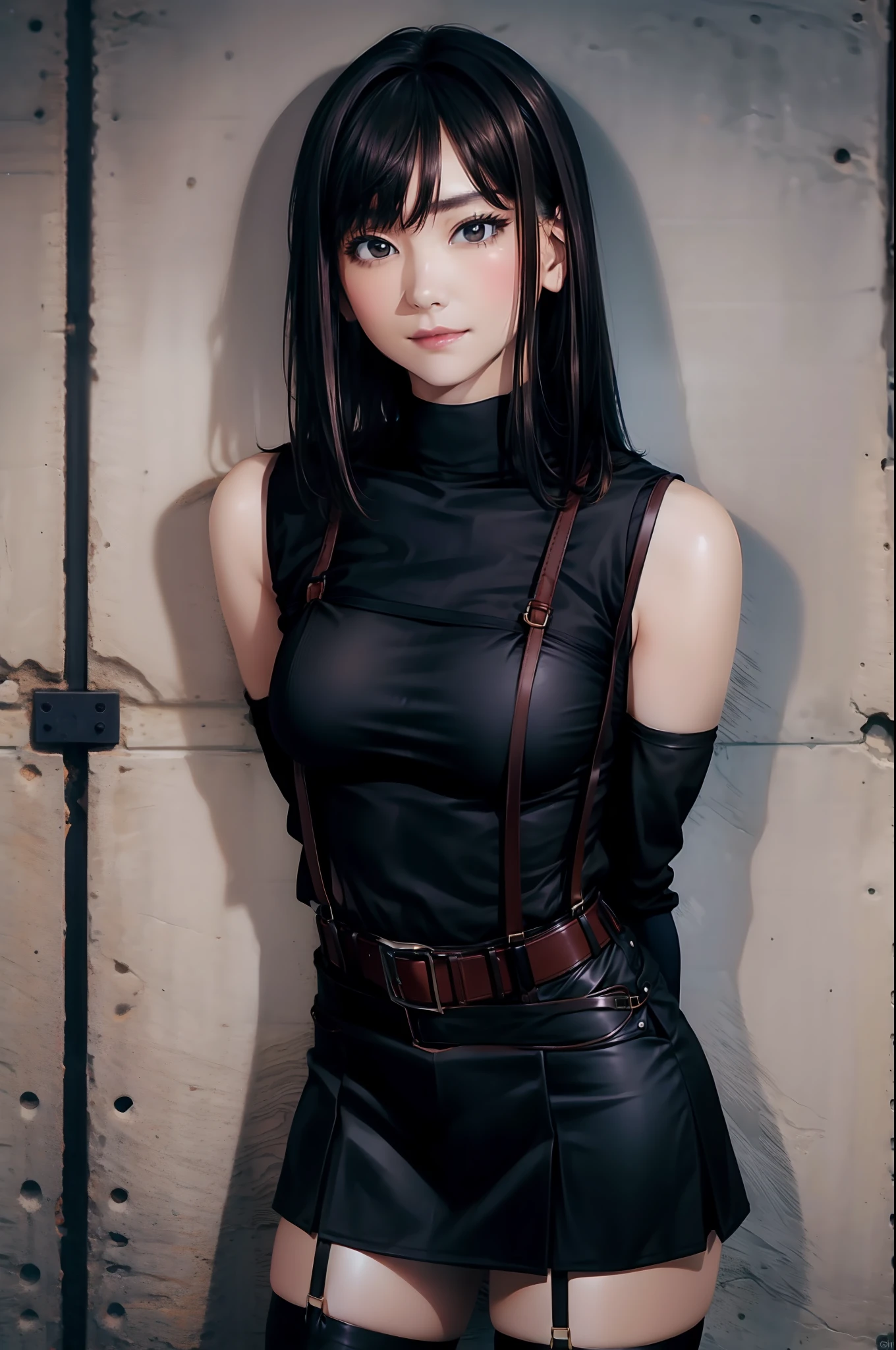 a belt Colossal tits suspenders garterbelts Black stockings Black tank top a miniskirt Brown hair Gray eyes