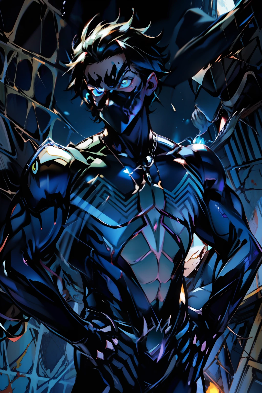 《the original god》Arataki Kazuto , male people, chest muscle, Sexy , Venom symbiote for your body, Black mucus of the body , into venom, venomize,Black bodysuit,(Cloak),Red cape,Abs,(Adult male)((Venom possession,venom symbiote)),over-Tortoise Man,Battle damage,((Masterpiece)), ((Best quality)), Ultra detailed,((illustration)), Dynamic Angle, Detailed light, (Delicate eyes), Floating, 1boy, Male focus, Head, Clothing, Yellow eyes, necklace, tattoo, (Forehead:0.8), (ahoge:0.8), jewelry, brunette color hair,apathy,Ray, chest muscle, Sexy , Venom symbiote for your body, Black mucus of the body , (into venom), Venom,frontage,Bust photo,White tight-fitting top,spiderman outfit,style of anime4 K, 4K anime wallpaper, Badass anime 8 K, 4 k comic wallpaper, young anime man, Anime boys, Anime wallpapers 4 k, Anime wallpaper 4K, High quality anime art style, Anime moe art style, Anime art wallpaper 8 K, Anime art wallpaper 4 K, RGB lighting,