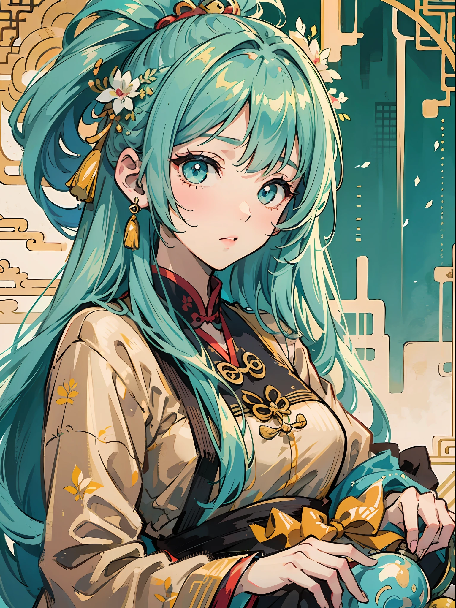 an illustration of a woman in traditional chinese costume, in the style of anime aesthetic, 32k uhd, blink-and-you-miss-it detail, i can't believe how beautiful this is, anime-inspired characters, beige and aquamarine, close-up,
