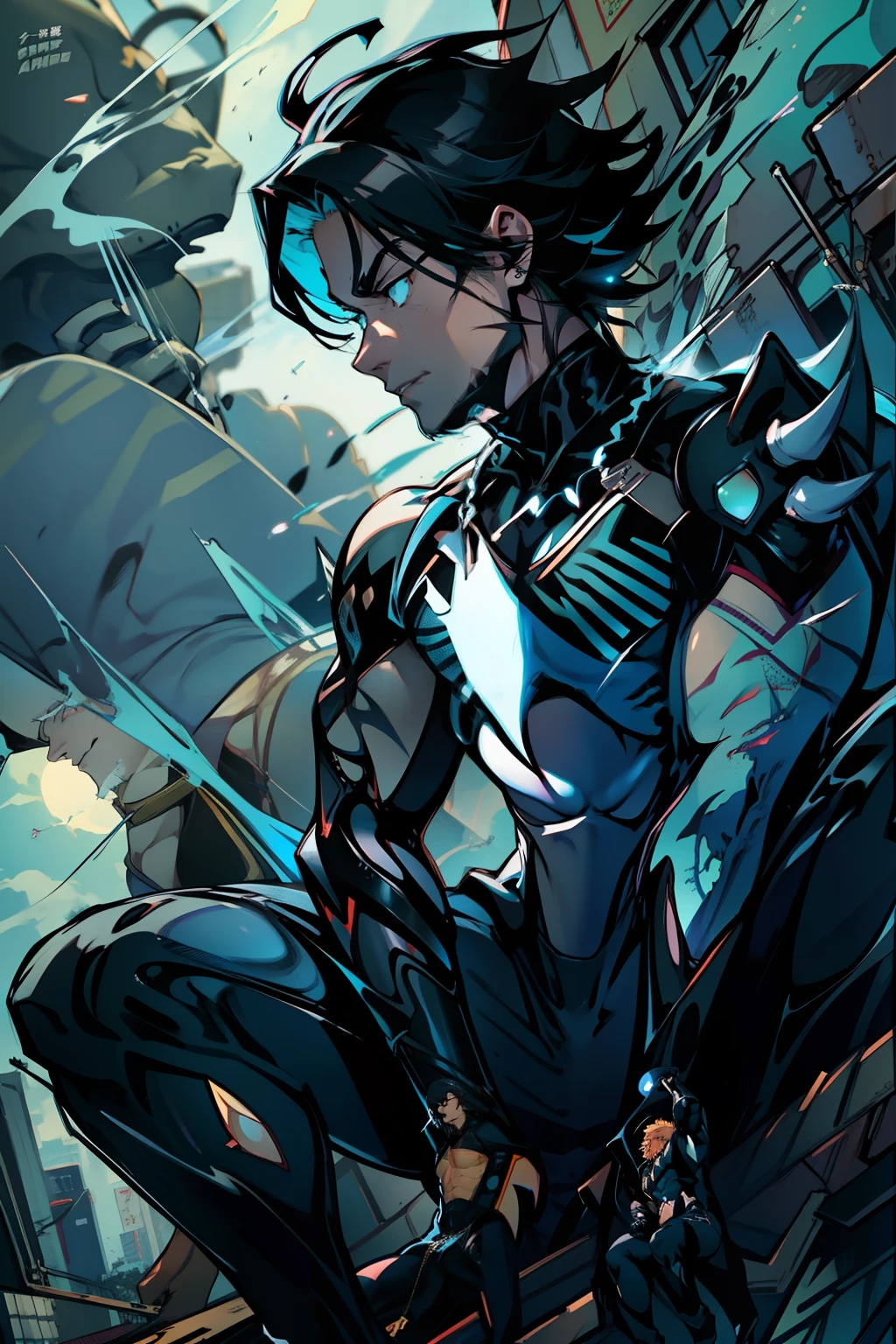 《the original god》Arataki Kazuto , male people， chest muscle， Sexy , Venom symbiote for your body, Black mucus of the body , into venom, venomize，Black bodysuit，（Cloak），Red cape，Abs，（Adult male）（（Venom possession，venom symbiote）），over-Tortoise Man，Battle damage，((Masterpiece)), ((Best quality)), Ultra detailed,((illustration)), Dynamic Angle, Detailed light, (Delicate eyes), Floating, 1boy, Male focus, Head, Clothing, Yellow eyes, necklace, tattoo, (Forehead:0.8), (ahoge:0.8), jewelry, brunette color hair,apathy，Ray， chest muscle， Sexy , Venom symbiote for your body, Black mucus of the body , （into venom）, Venom，frontage，Bust photo，White tight-fitting top，spiderman outfit，style of anime4 K， 4K anime wallpaper， Badass anime 8 K， 4 k comic wallpaper， young anime man， Anime boys， Anime wallpapers 4 k， Anime wallpaper 4K， High quality anime art style， Anime moe art style， Anime art wallpaper 8 K， Anime art wallpaper 4 K， RGB lighting，