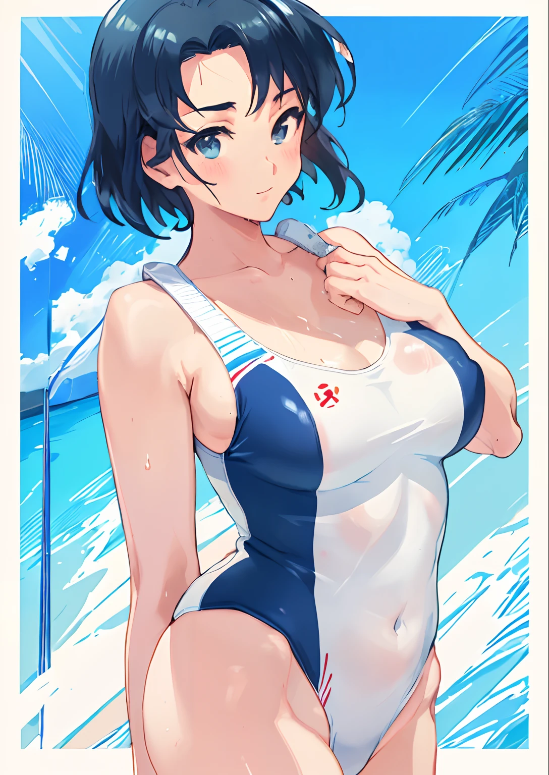 Cartoon close-up of a man in a swimsuit, wearing a swimming wear, Swimsuit, in retro swimsuit, swim wears, High-cut swimwear, in beach, Wet swimsuit, in beach, monokini, in beach, white swimwear, marin kitagawa fanart, at sea, Smooth Anime CG Art, Seductive Anime Boy, at seaside