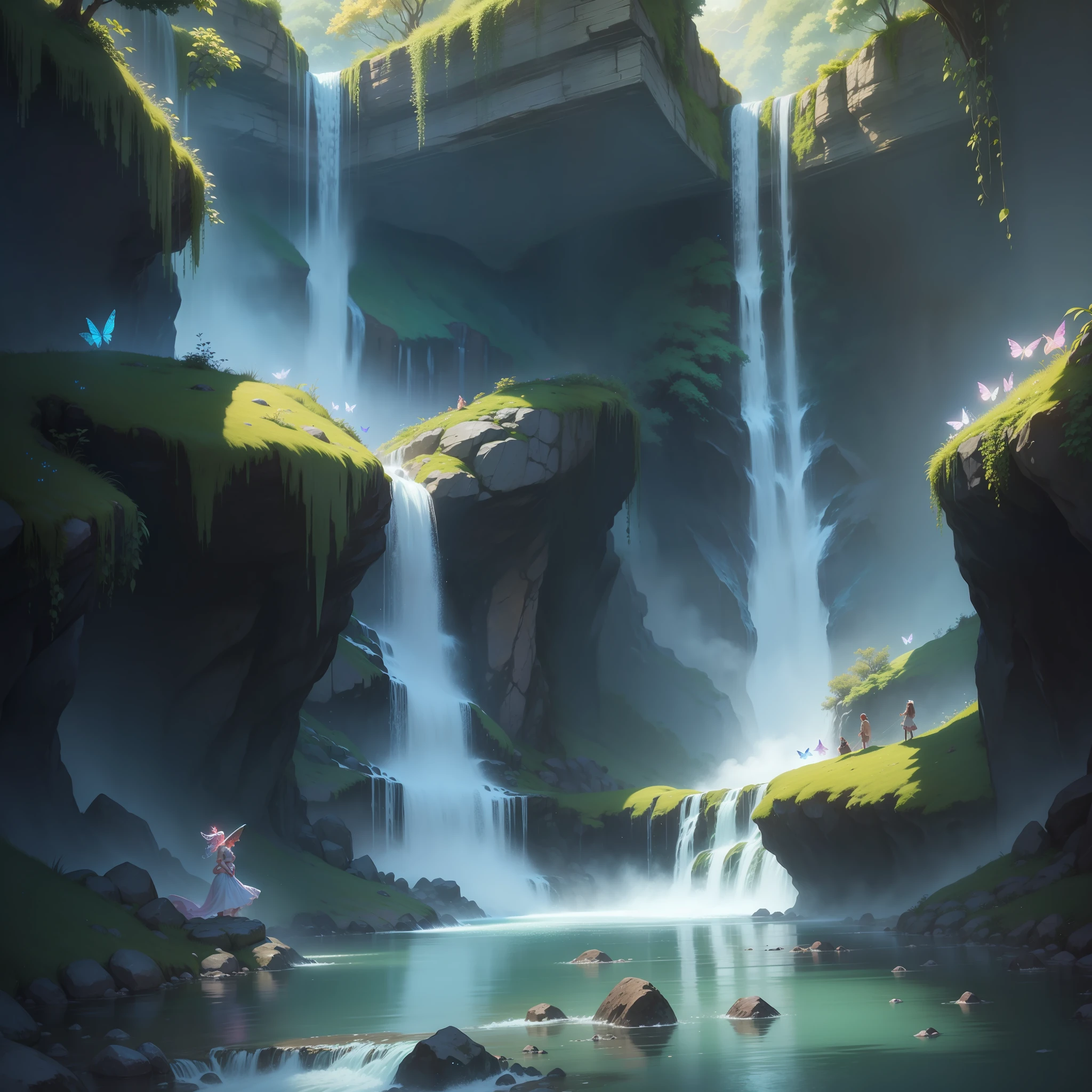 A waterfall in the valley，River fairy under the waterfall、The fairy is wearing a mabe and singing、Butterflies around々A flock of，Glowing with water splashes