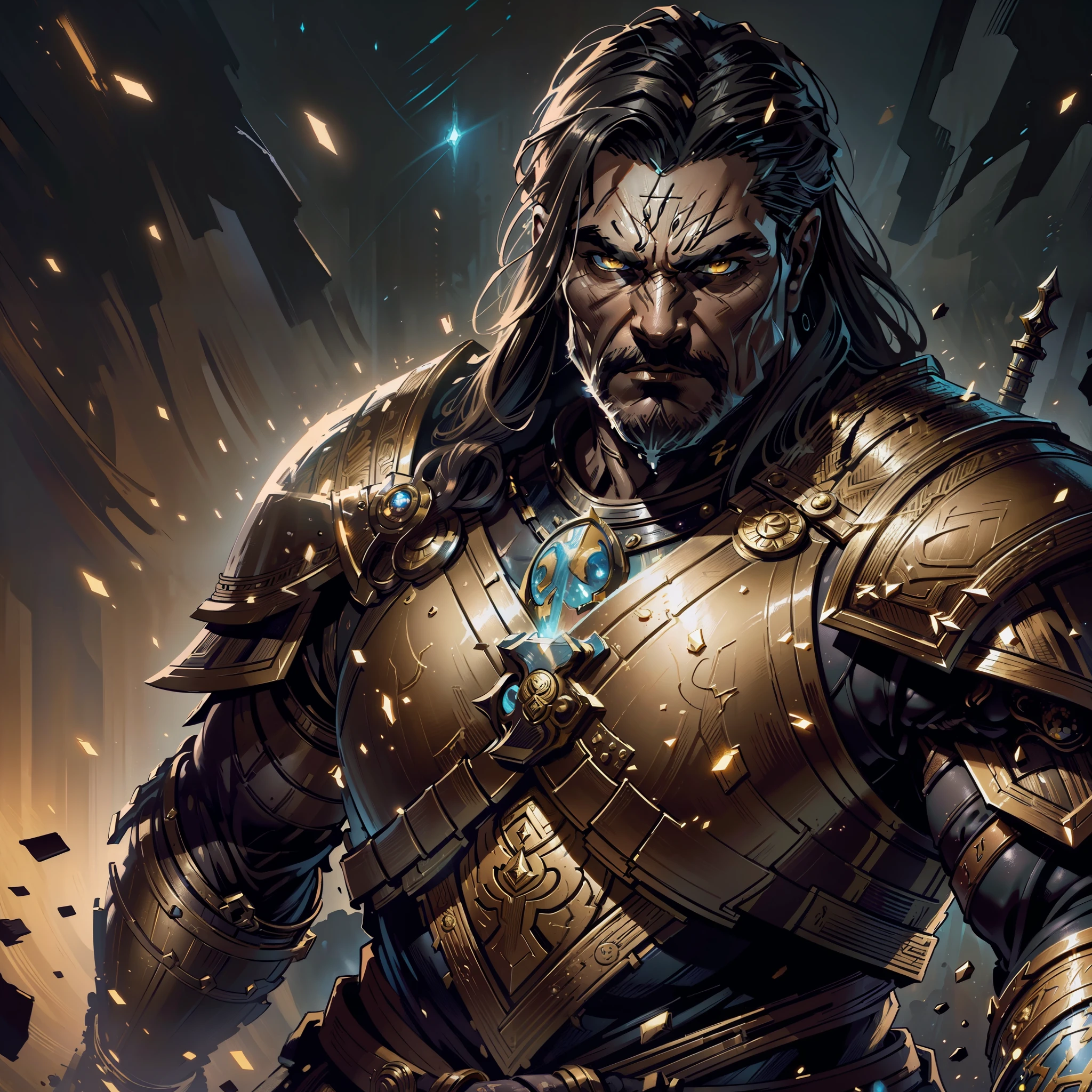 (Painting:1.3) of (Detailed illustration:1.3) A (full body:1.3) shot at 8k resolution, splash art, fantastic comic book style, photorealistic, intense look, anatomical photorealistic digital painting portrait of a (old male:1.3) human (warrior:1.3) in black and gold intricate (heavy armor:1.3) in a (dark and moody universe:1.3), light particle, very detailed skin,samurai, very detailed eyes, (elden ring style:1.3), (warhammer style:1.1), concept artist, global illumination, depth of field, splash art, art by artgerm and greg rutkowski and viktoria gavrilenko