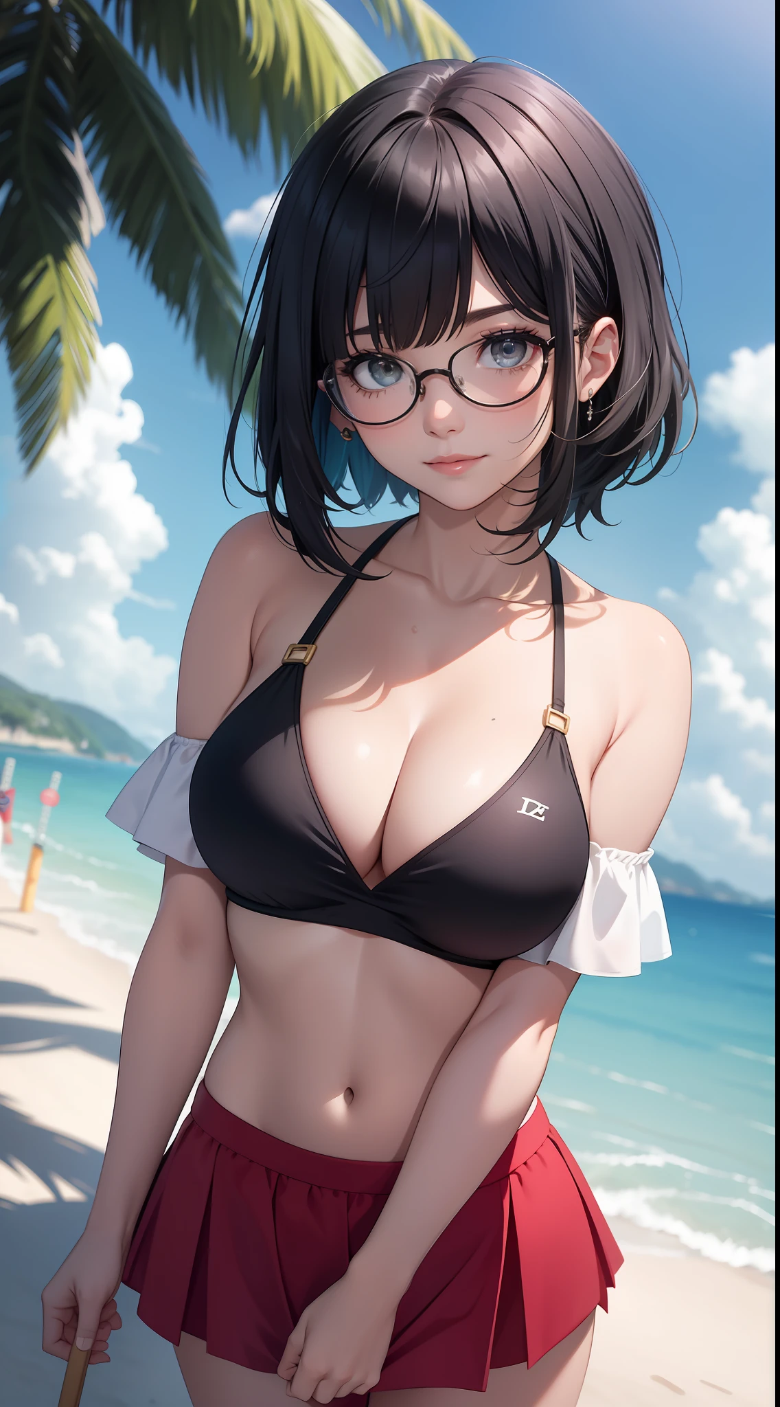 (Best quality:1.1), (Masterpiece:1.2), Highqualityshadow, Beautiful detailed, Beautiful face, Detailed eyes, Off-the-shoulder attire,Depth of field, A high resolution, Best shadow, Best illumination, 1girll, view the viewer, (Five-colored hair:1.3),Brush cut,extra very short hair, Blunt bangs, Long hair, Black eyes, Shy, Large breasts, Miniskirt, swim wears, Pump, sea beach,Greenery,clouds, Glasses,cleavage,looks into camera,ssmile,closeup cleavage,Superskirt