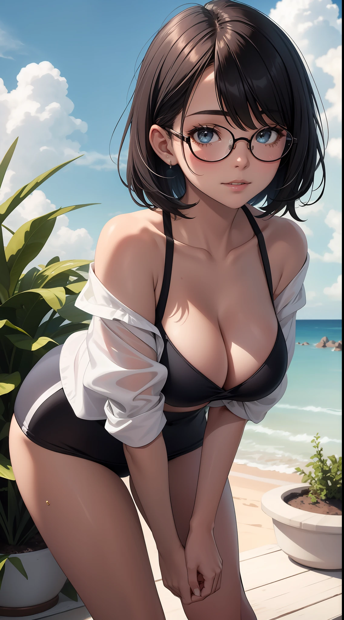 (Best quality:1.1), (Masterpiece:1.2), Highqualityshadow, Beautiful detailed, Beautiful face, Detailed eyes, Off-the-shoulder attire,Depth of field, A high resolution, Best shadow, Best illumination, 1girll, view the viewer, (Five-colored hair:1.3),Brush cut,extra very short hair, Blunt bangs, Long hair, Black eyes, Shy, Large breasts, Miniskirt, swim wears, Pump, sea beach,Greenery,clouds, Glasses,cleavage,looks into camera,ssmile,closeup cleavage,Superskirt