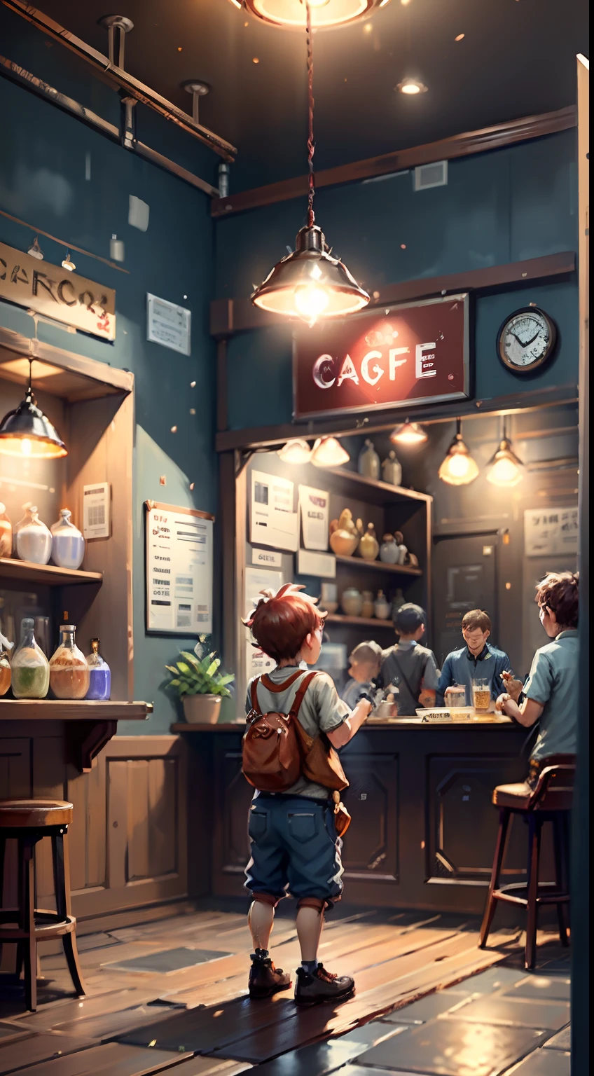 Cafe entrance、5Year old boy、 boy laughing、Dark Red Shorthair、Shirts and shorts、TOKYOcty、Glittering Cafe、terraces、A boy is standing in front of a café、Pale atmosphere、Top image quality、top-quality、Stylish café like Starbucks、cafeteria、The café seen from the outside、Overhead view of the café and the boy、Boy's back view、fashionable cafe、Antique Cafe、The entrance of the café fills the screen、A position where you can see the stylish café in full view、