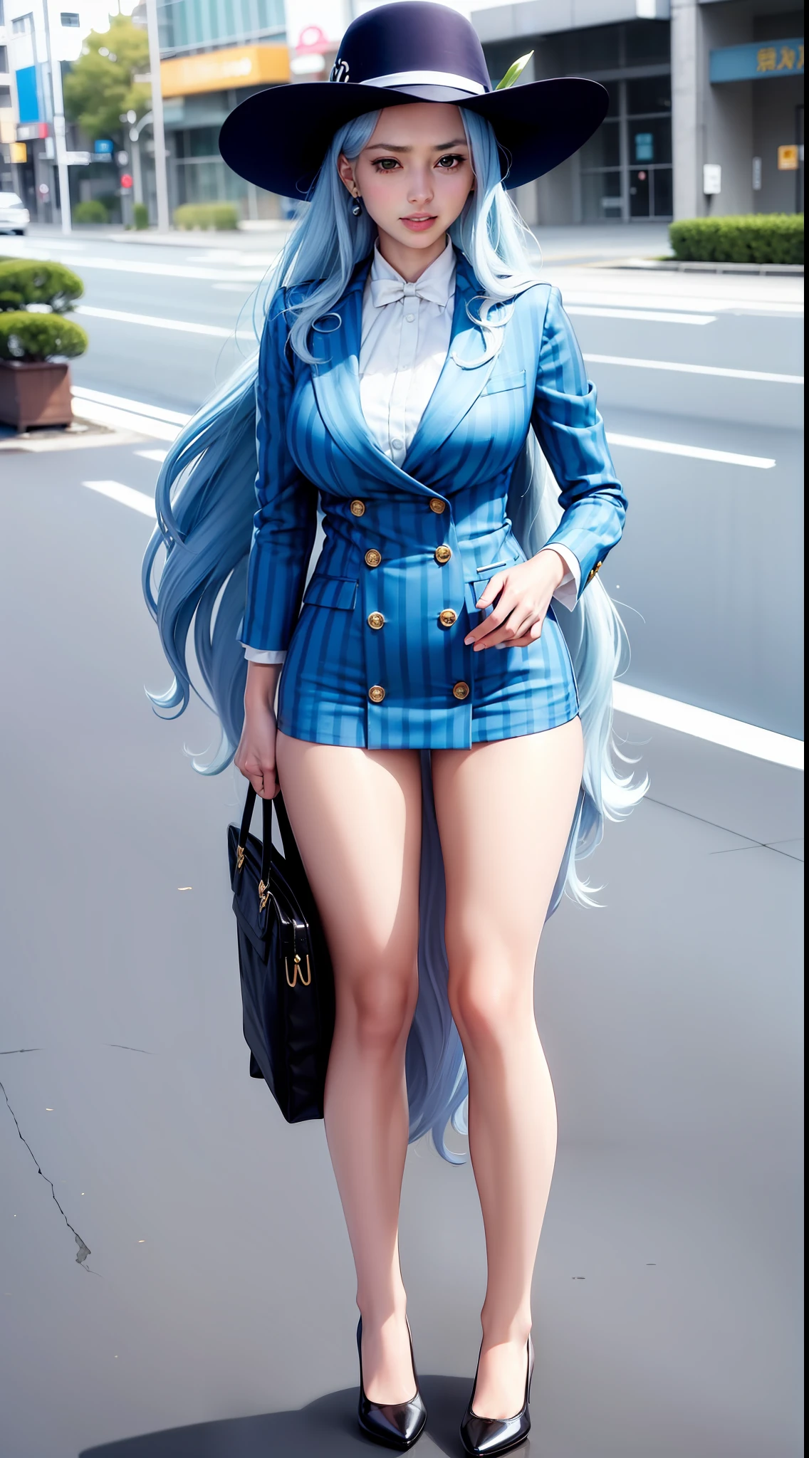 whitey bay from anime one piece, long hair, light blue hair, beautiful, beautiful girl, tall girl, perfect body, full body, thin smile, standing, wearing formal dress, blue shirt blue pants, purple blazer, wearing blazer, wearing earrings , wearing a watch, being in a public place, being in tokyo city, being on the street, portrait photo, hd quality, 8k, clean image, hd image, raw photo