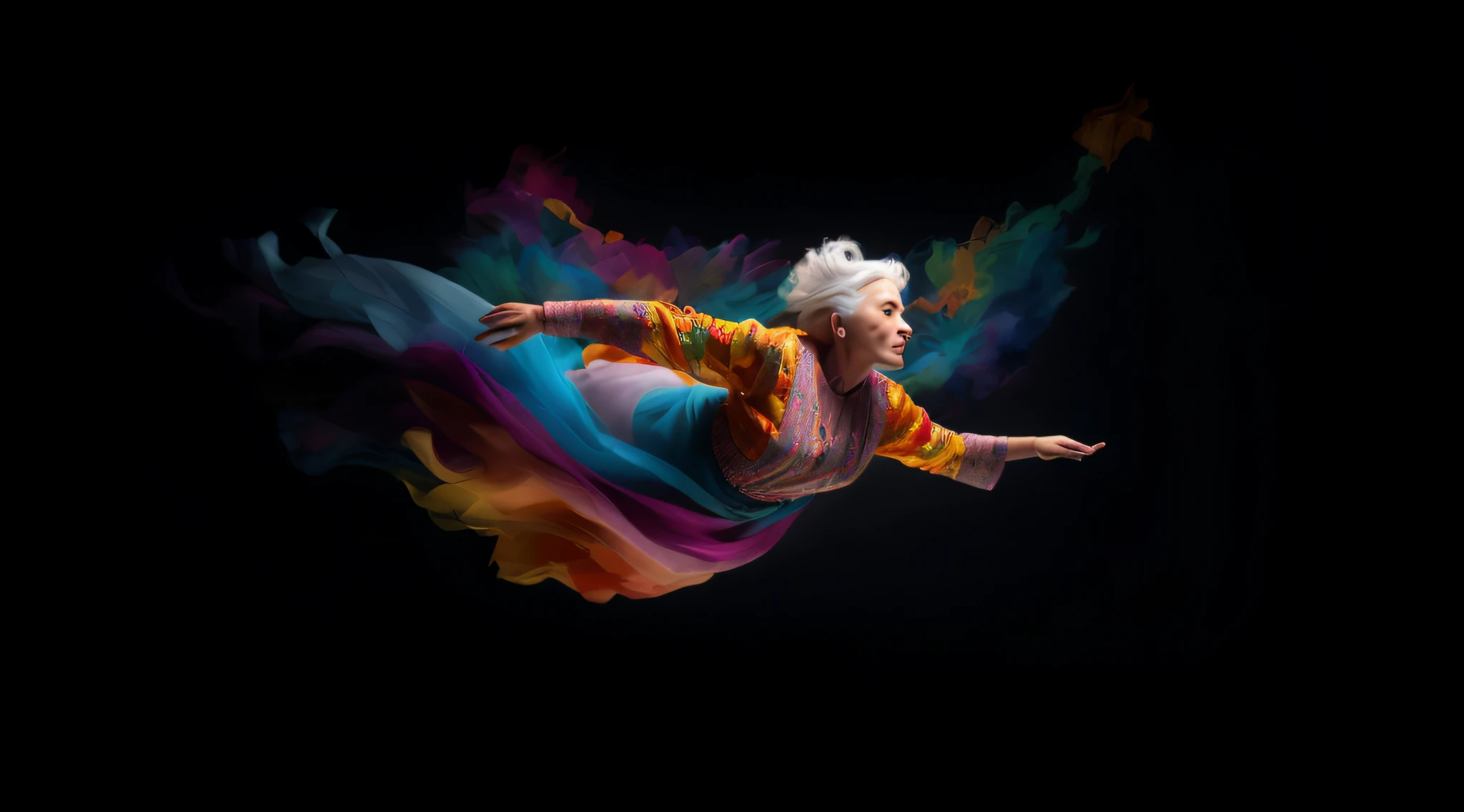 mulher arafed em vestido colorido voando pelo ar, cabelos brancos flutuando no ar, she is floating in the air, Uma mulher flutua no ar, floating dramatic magic pose, foto de retrato, incredible depth, foto ainda, 8k artistic portrait photography, em um fundo escuro, color photograph portrait 4k, 3d render senior artist, Lois Greenfield
