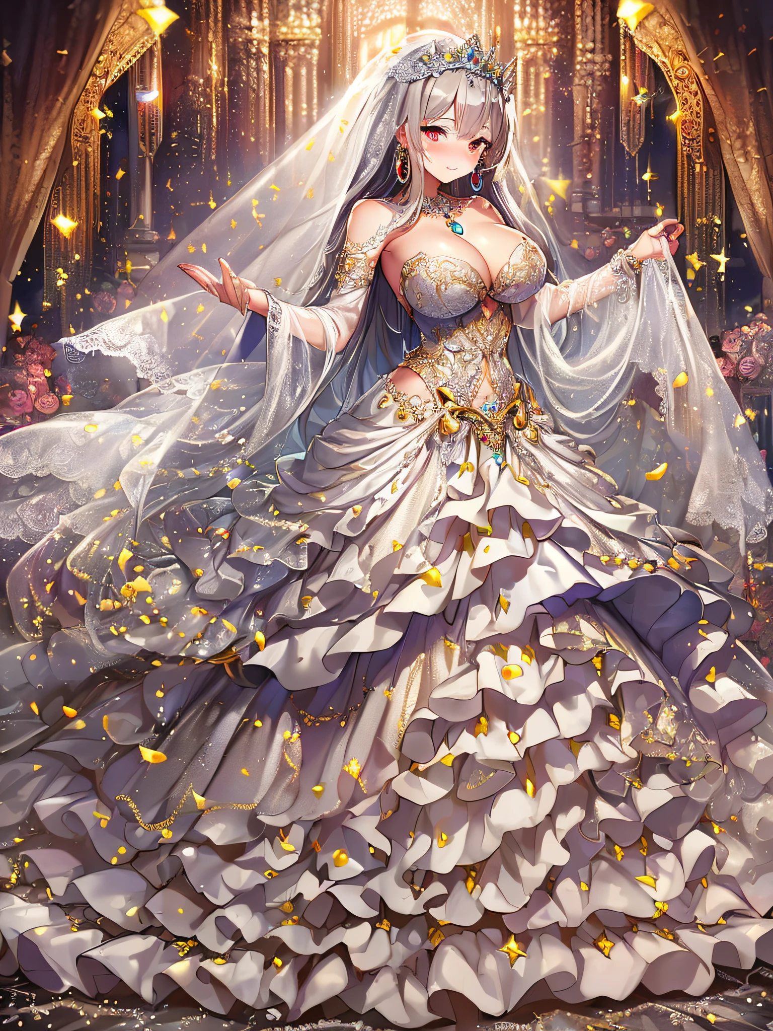 ((anime artstyle)),(Masterpiece),(Best Quality), (Super Detail),((Very Delicate and Beautiful)),(((Solo))),((full body)),standing,(((1 bling-bling princess in beautiful embroidery and jeweled gorgeous See-through wedding ball gown dress with voluminous full length hoop skirt))),bling-bling,Long train,(bling-bling gorgeous gemstone jewelry),detailed face and eyes,jewel-like eyes,cry,((embarrassed)),anguish,((large amount of straight hair,extremely voluminous Very Long Straight Hair)),(((gigantic tits,Long tits))),cleavage,(gorgeousfull embroidery and lace),gorgeous corsage,See-through,extremely gorgeousfull hair ornament,((bling-bling extremely gorgeousfull jeweled tiara)),(Very long bridal veil),ornate ruffles,(hoop skirt,crinoline),white lily flowers, flower petals flowing,((Dynamic Angle)),Looking at viewer,((full body)),((beautiful embroidery and jeweled extremely gorgeous See-through wedding ball gown dress with voluminous full length hoop skirt))