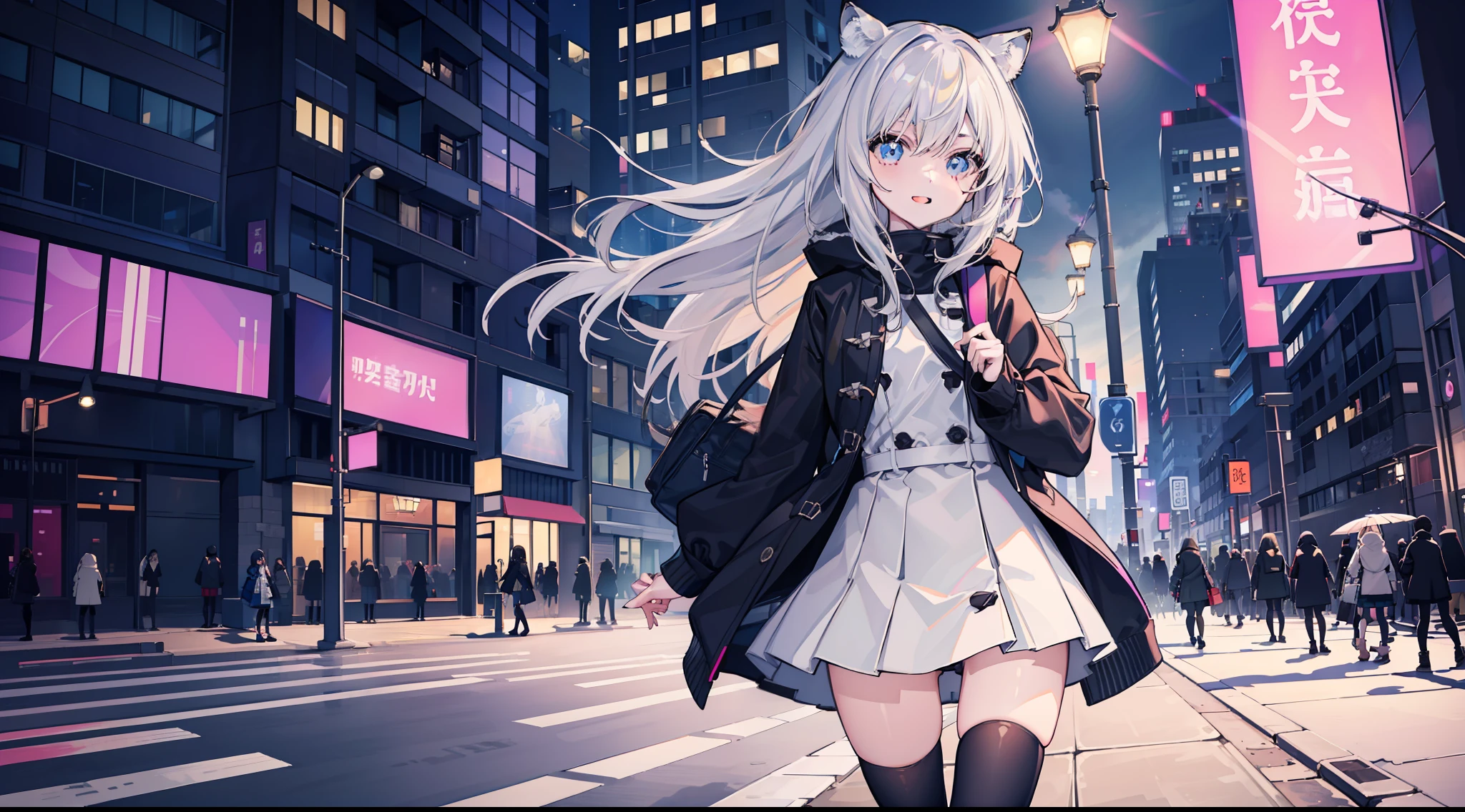s girl,wind coat,校服,Missing underwear,black over-the-knee socks,Carrying a piano bag,beautifullegs,White skin,Slim,Detailed background,Parallel perspective,A street full of people,Stand on the zebra crossing,Night city,lamplight,rainbow,exquisite lighting and shadows,ssmile,Superbly detailed eyes,