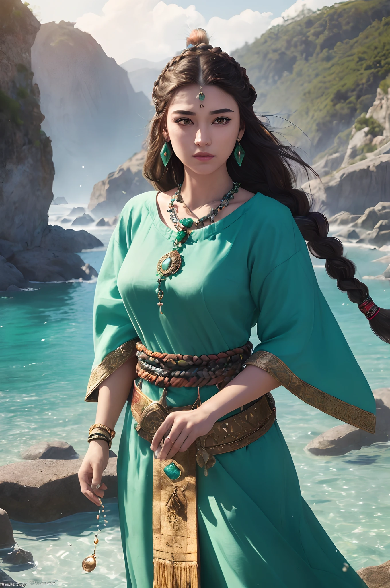 couple (((Female)), fashion shot, (Full portrait), (Half), Solo, Detailed background, Detailed face, (stonepunk, Stone theme:1.1), Wise, (Beautiful hair, Braid: 0.2), shaman, The nasal septum is rough, mysterious, (Gorgeous face), Stunning, head tilted up, (Calm expression), calm, Intimate interaction, Sea bubble green worn clothes, rosary, Tribal ornaments, feathers in hair, headdress: 0.33, Emerald, obsidian, Detailed clothes, Realistic skin texture, (Floating particles, Water Swirls, embers, rituals, whirly, Wind: 1.2), Clear focus, voluminetric lighting, Good highlights, Good shadows, Subsurface scattering, complex, Highly detailed, ((film)), Dramatic, (Highest quality, Award-winning, Masterpiece: 1.5), (Realism: 1.5),