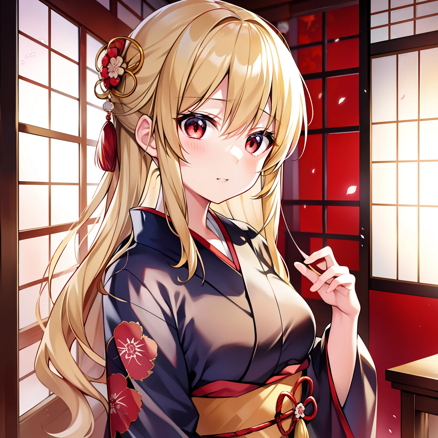 a blond、red eyes、Beautiful girl alone、独奏、animesque、kimono、traditional Japanese room