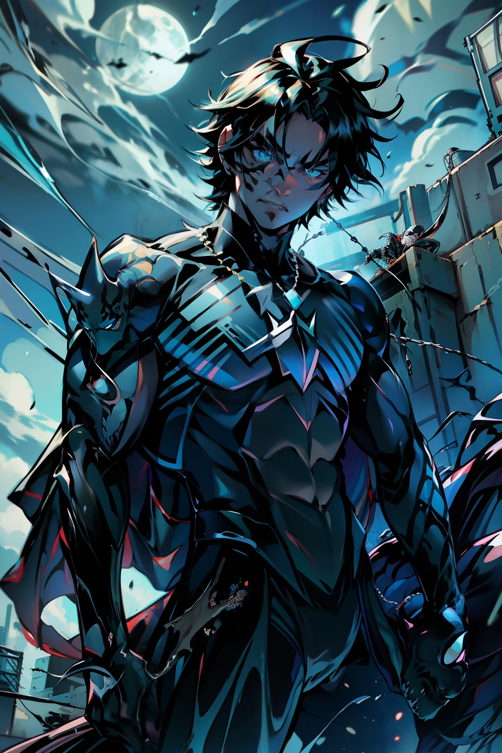 《the original god》Arataki Kazuto , male people, chest muscle, Sexy , Venom symbiote for your body, Black mucus of the body , into venom, venomize,Black bodysuit,(Cloak),Red cape,Abs,(Adult male)((Venom possession,venom symbiote)),over-Tortoise Man,Battle damage,((Masterpiece)), ((Best quality)), Ultra detailed,((illustration)), Dynamic Angle, Detailed light, (Delicate eyes), Floating, 1boy, Male focus, Head, Clothing, Yellow eyes, necklace, tattoo, (Forehead:0.8), (ahoge:0.8), jewelry, brunette color hair,apathy,Ray, chest muscle, Sexy , Venom symbiote for your body, Black mucus of the body , (into venom), Venom,frontage,Bust photo,White tight-fitting top,spiderman outfit,style of anime4 K, 4K anime wallpaper, Badass anime 8 K, 4 k comic wallpaper, young anime man, Anime boys, Anime wallpapers 4 k, Anime wallpaper 4K, High quality anime art style, Anime moe art style, Anime art wallpaper 8 K, Anime art wallpaper 4 K, RGB lighting,